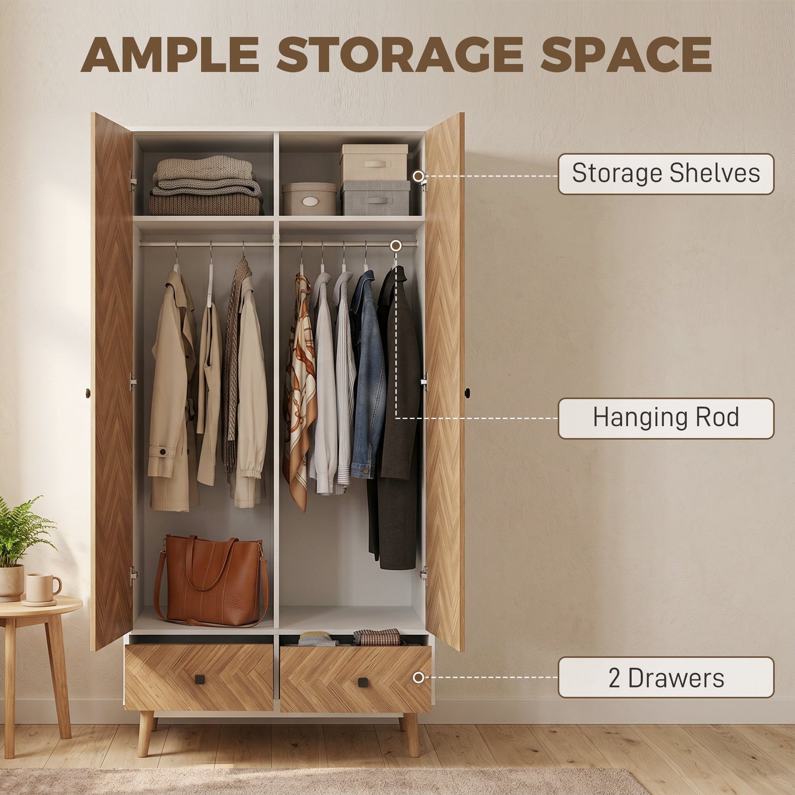 HOMCOM Cabinet Wood-Effect Sticker Surface, Modern Wardrobe with 2 Hanging Rods, 2 Storage Shelves and 2 Drawers, White