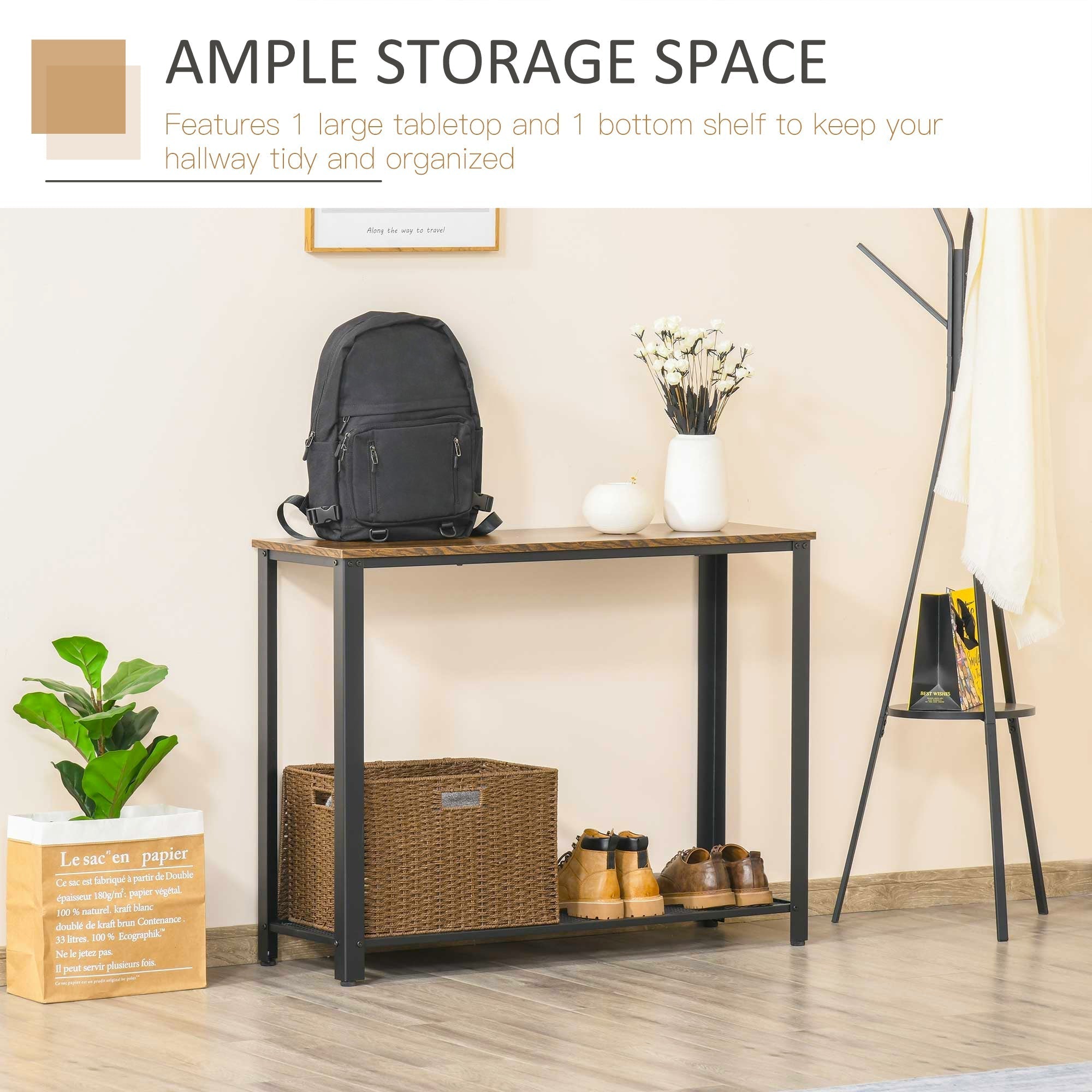 HOMCOM Industrial Console Table√Ø¬º≈íEntryway Table w/Bottom Mesh Shelf Metal Frame Vintage Sofa Table for Hallway, Living Room, Rustic Brown