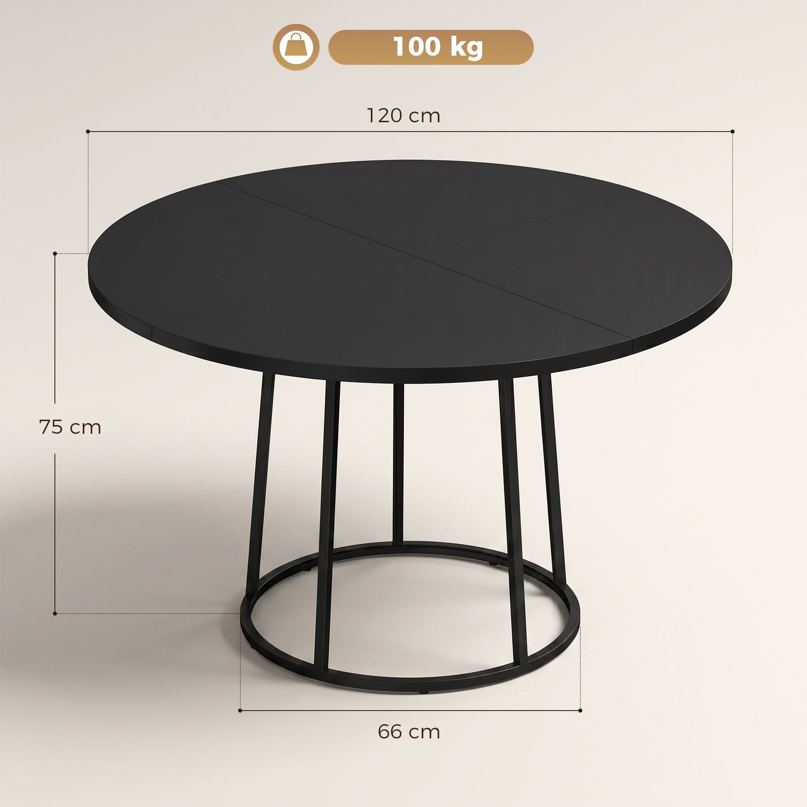 HOMCOM Dining Table Space Saving Kitchen Table Spliced Tabletop Conical Metal Base 120 cm Round Black