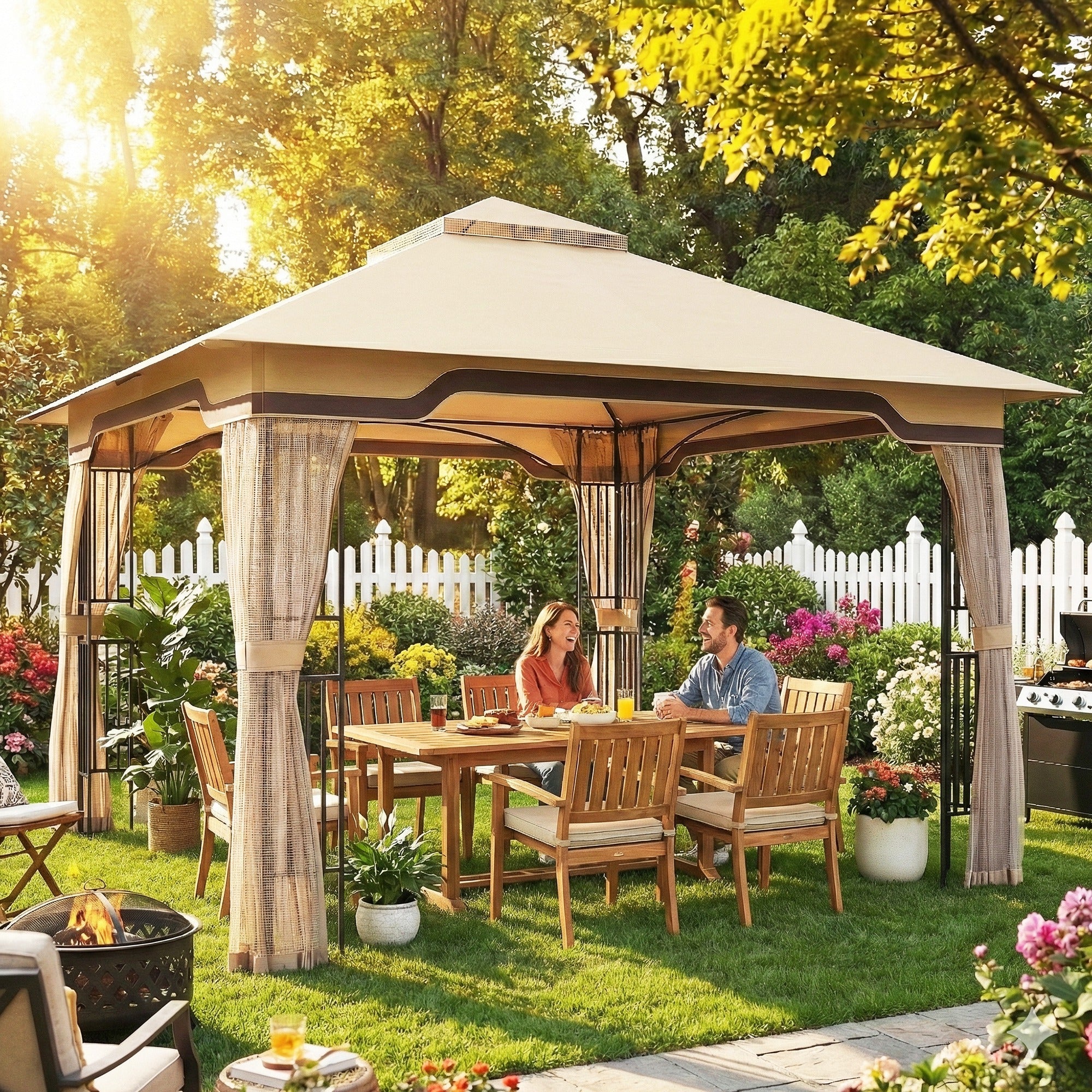 Outsunny 3.3 x 3.3 m Outdoor Garden Gazebo with Post Shelves, UPF50+ Patio Permanent Pavilion with Hook, Khaki