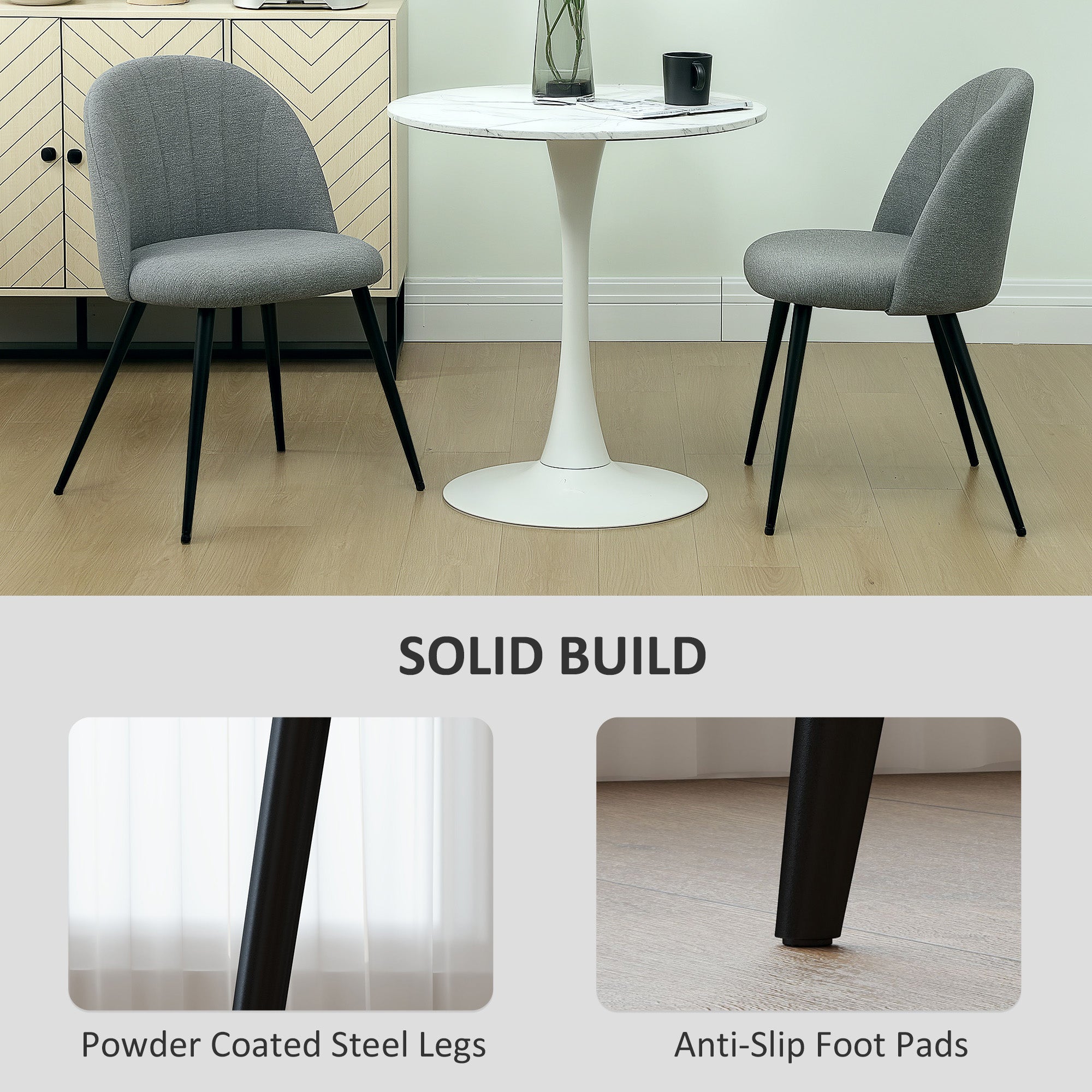 HOMCOM Dining Chairs Set of 2, Modern Upholstered Kitchen Chairs with Metal Legs, Shell Backrest and Padded Seat for Dining Room, Bedroom, Living Room, Vanity, Grey