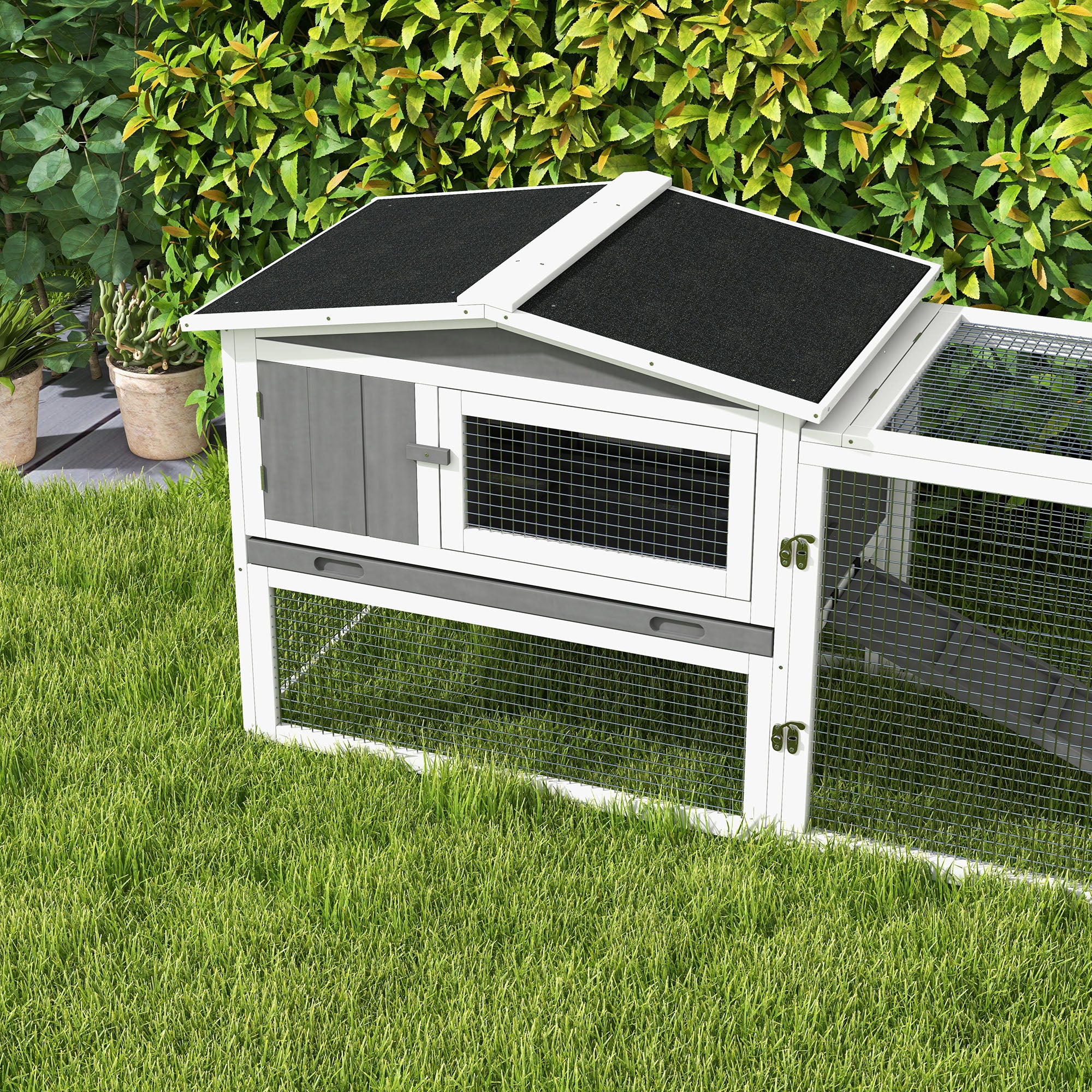 PawHut Rabbit Hutch with Run Wooden Guinea Pig Hutch Outdoor Bunny Cage Hide House with Sliding Tray, Hay Rack, Ramp, 156 x 58 x 68cm, Grey