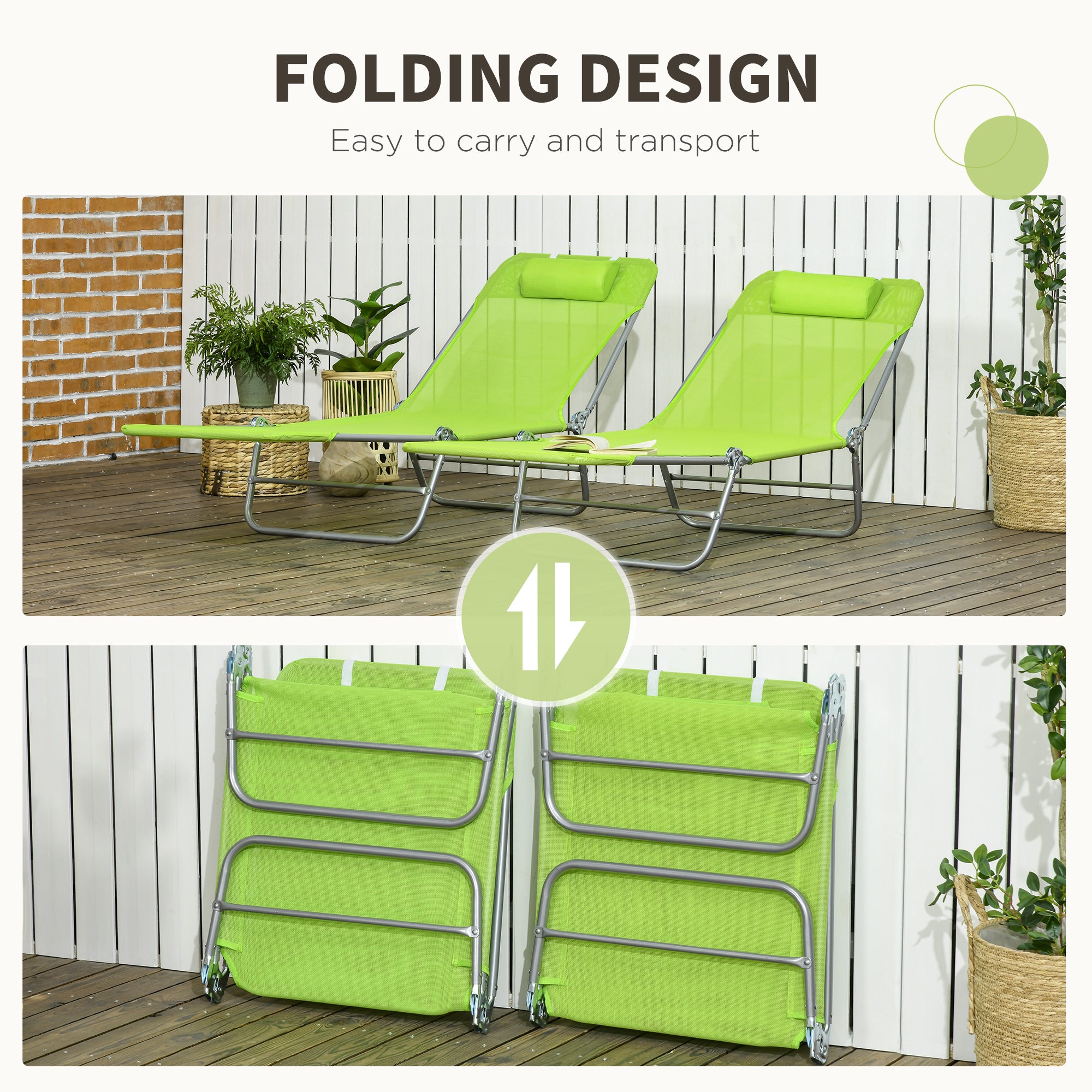 Outsunny Set of Two Steel Frame Sun Loungers, with Reclining Backs - Green