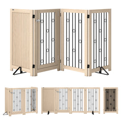 PawHut 4 Panel Freestanding Pet Gate, Indoor Dog Barrier with Lockable Door, Support Feet, 360° Flexible Hinges, Oak