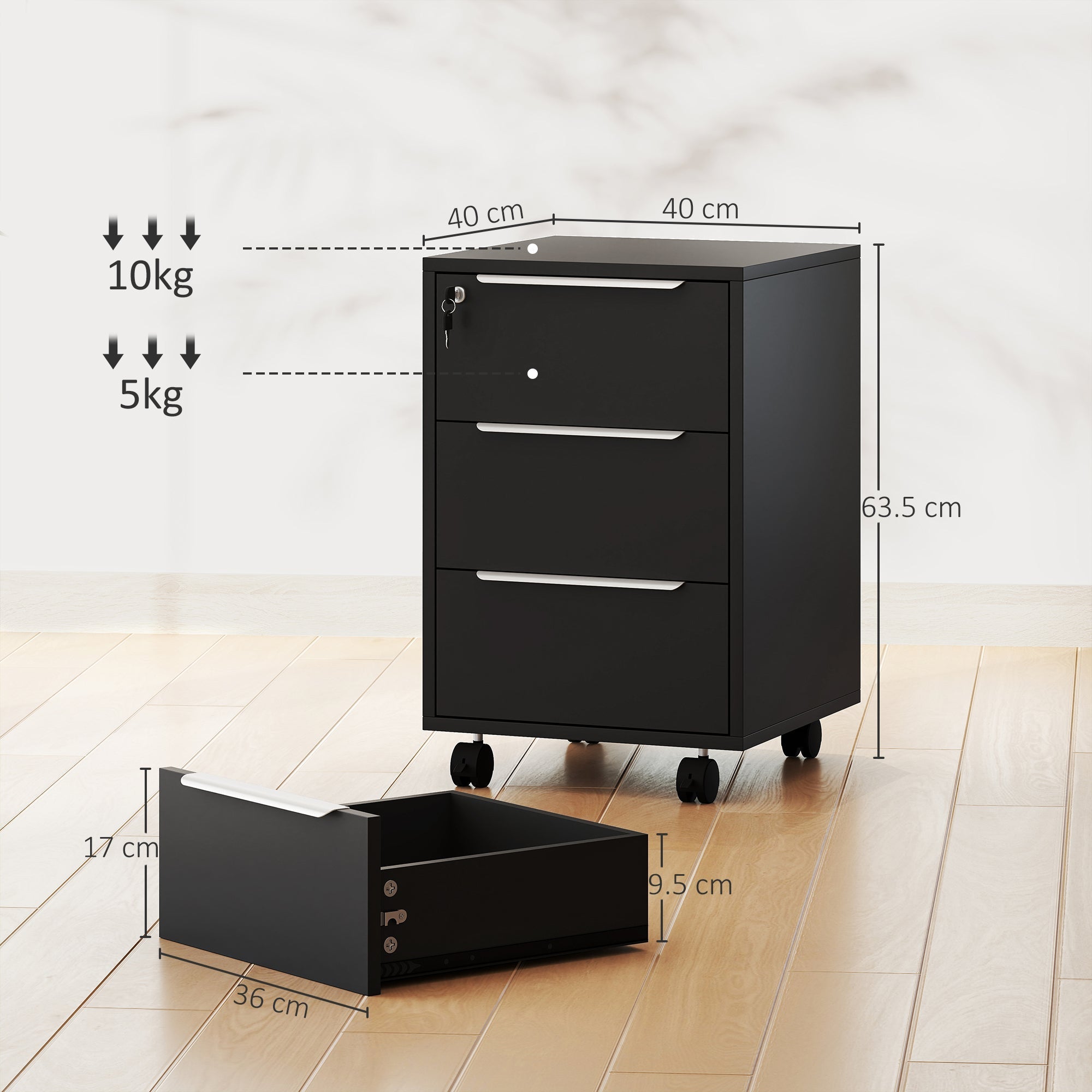 HOMCOM Three-Drawer Locking Filing Cabinet - Black