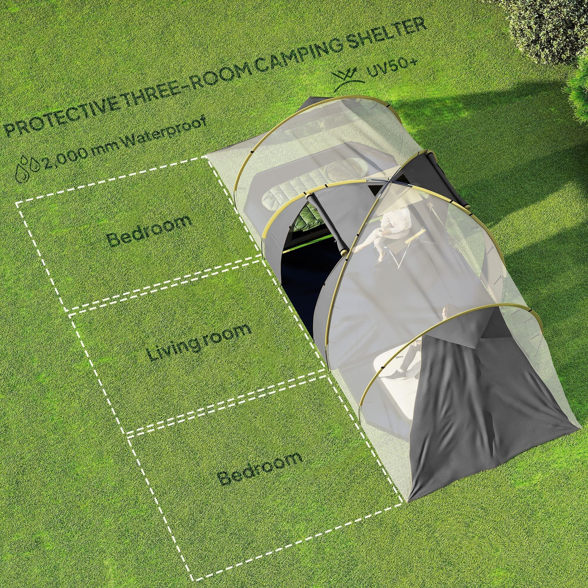 Outsunny Four-Man Tunnel Tent, with Two Bedrooms and Living Room - Grey/Yellow