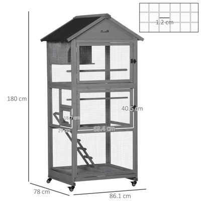 PawHut Bird Cage Mobile Wooden Aviary House with Wheel Perch Nest Ladder Tray