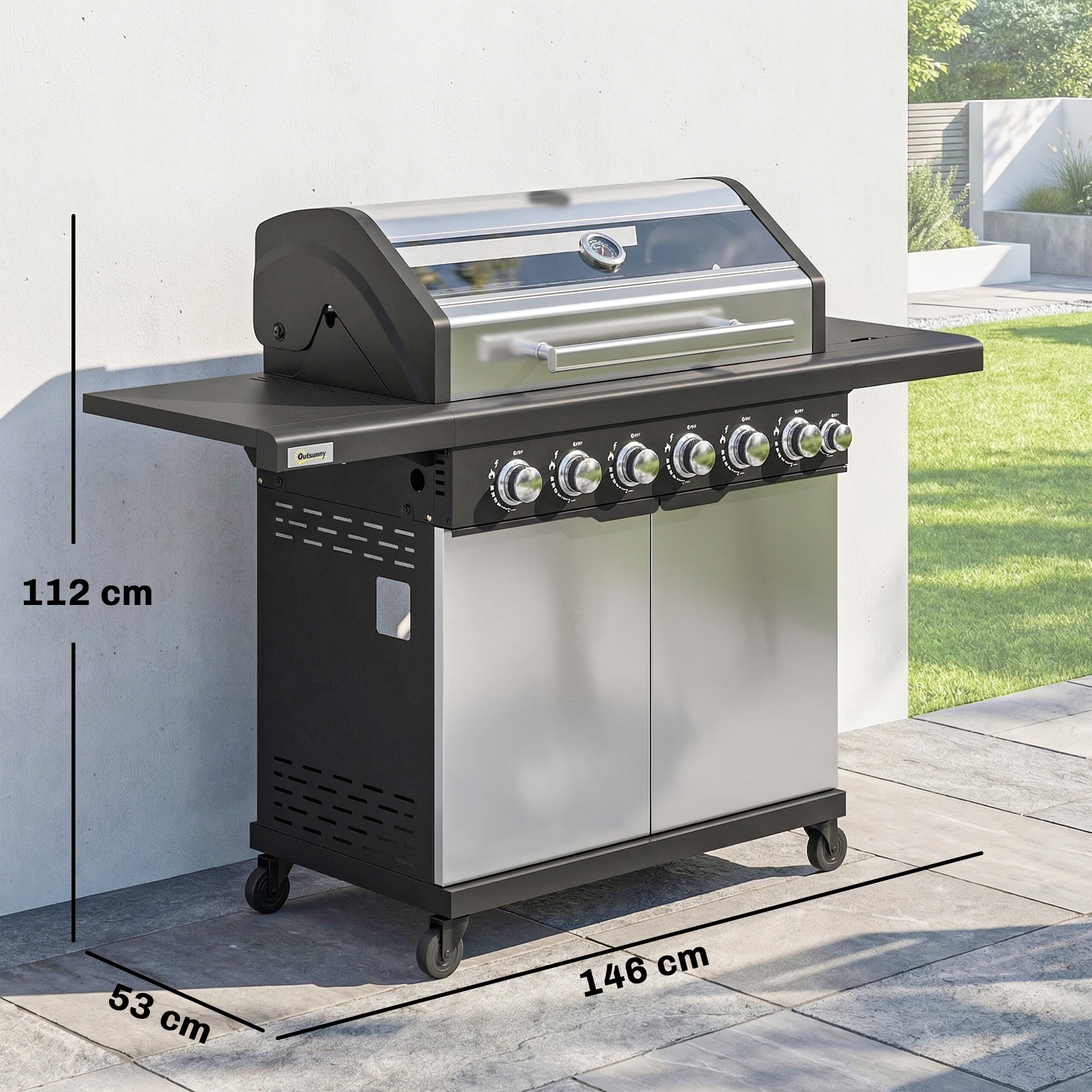 Outsunny 6+1 Burner Gas BBQ Grill, Outdoor Barbecue Trolley with Wheels, Warming Rack, Thermometer, Bottle Opener, Silver Tone