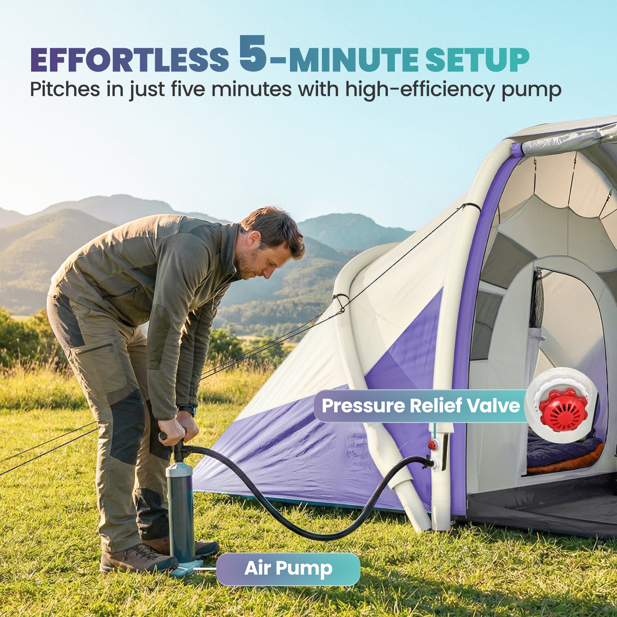 Outsunny Inflatable Tent 2 Bedroom 3000mm Waterproof Windproof Air Tent with Carry Bag for 2-4 Person