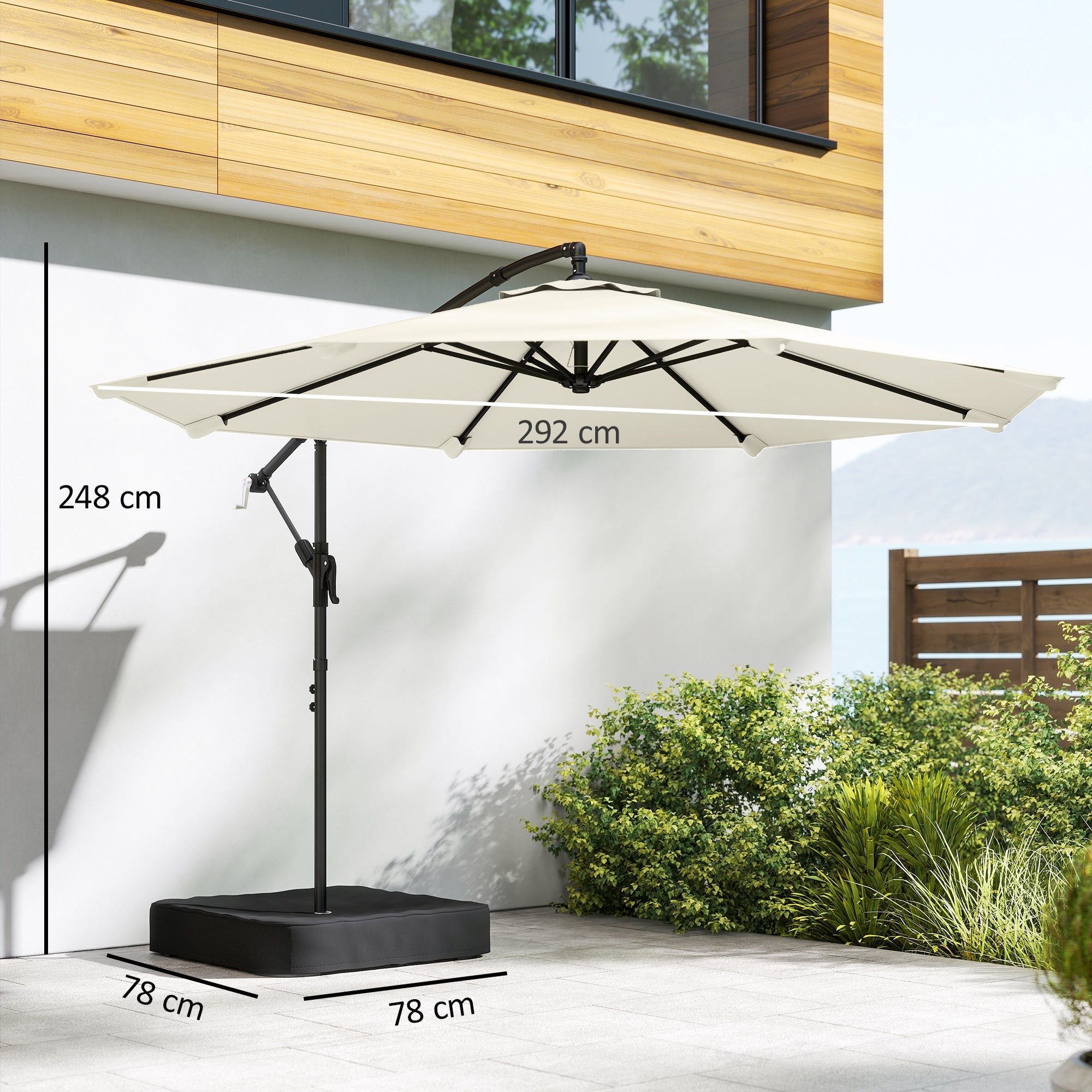 Outsunny 3 m Garden Cantilever Parasol with Cross Base, Sandbag, 360Â° Rotating Overhanging Banana Umbrella, Cream White