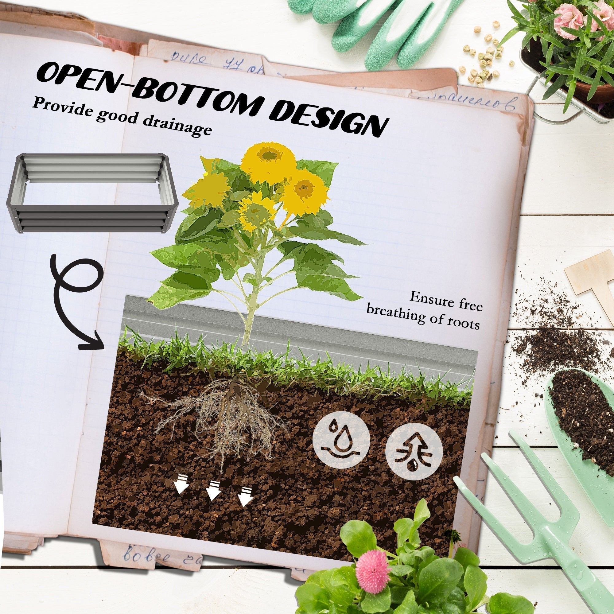 Outsunny Set of Two 110 x 50cm Steel Planter Boxes - Dark Grey