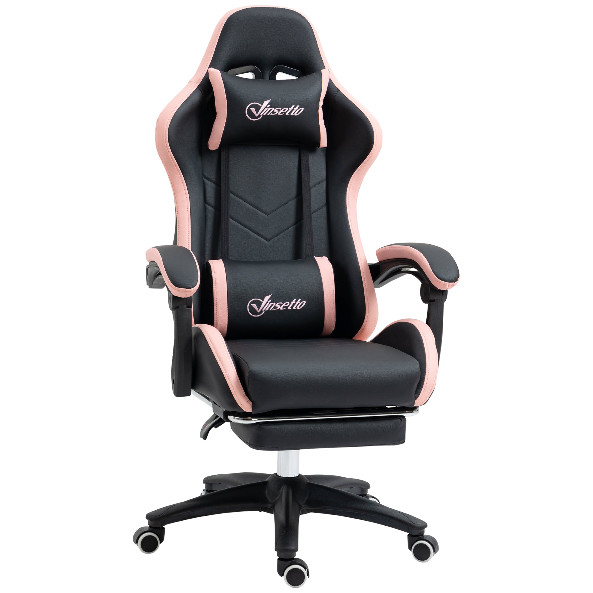 Vinsetto Computer Gaming Chair, PU Leather Office Desk Chair with Footrest, Swivel Wheels, 135√Ç¬∞ Reclining Back, Lumbar Support, Headrest for Home, Black and Pink