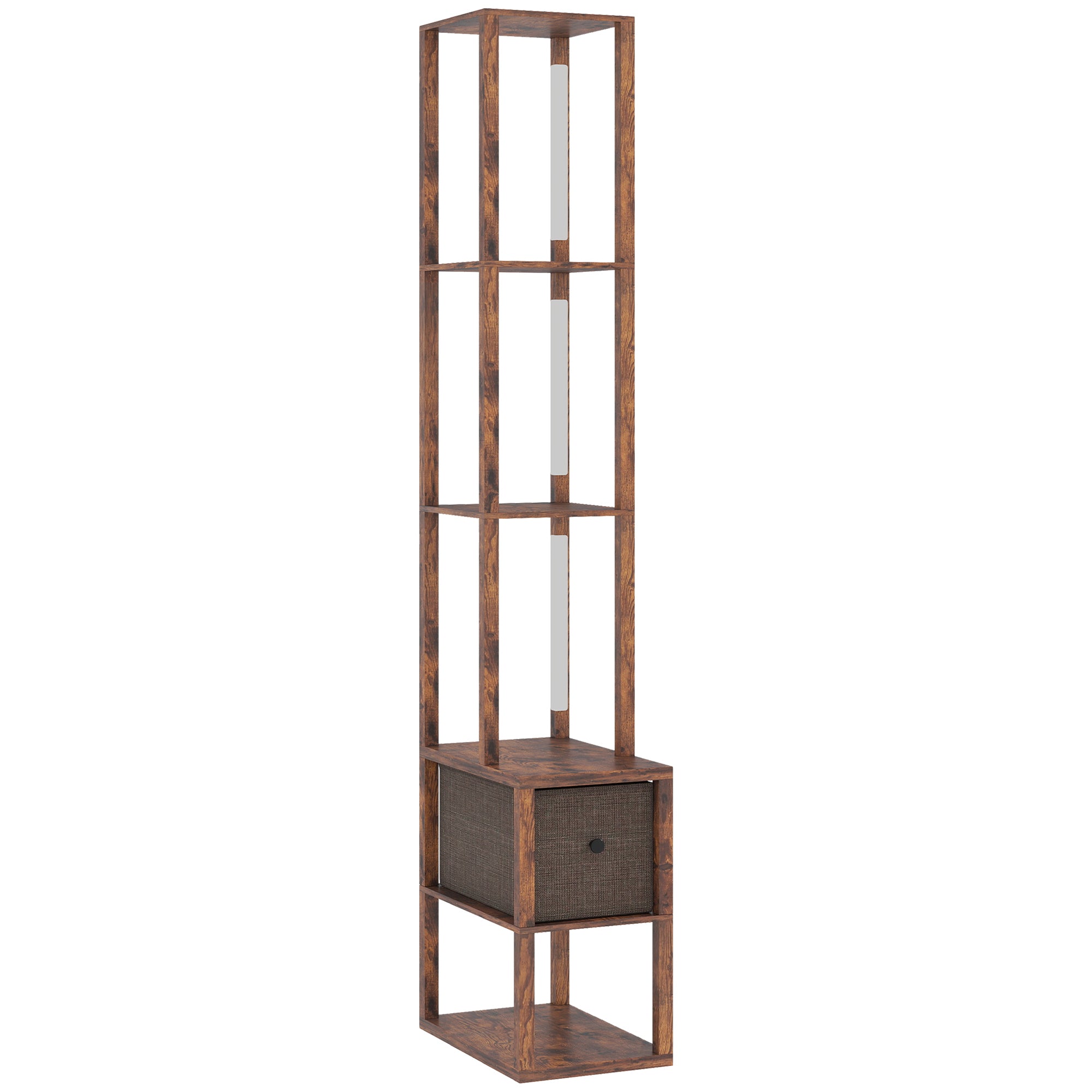 HOMCOM Floor Lamp with Shelves, LED Column Modern Standing Lamp with Fabric Drawer, Adjustable Brightness, Foot Switch for Living Room, Bedroom, Office, Rustic Brown