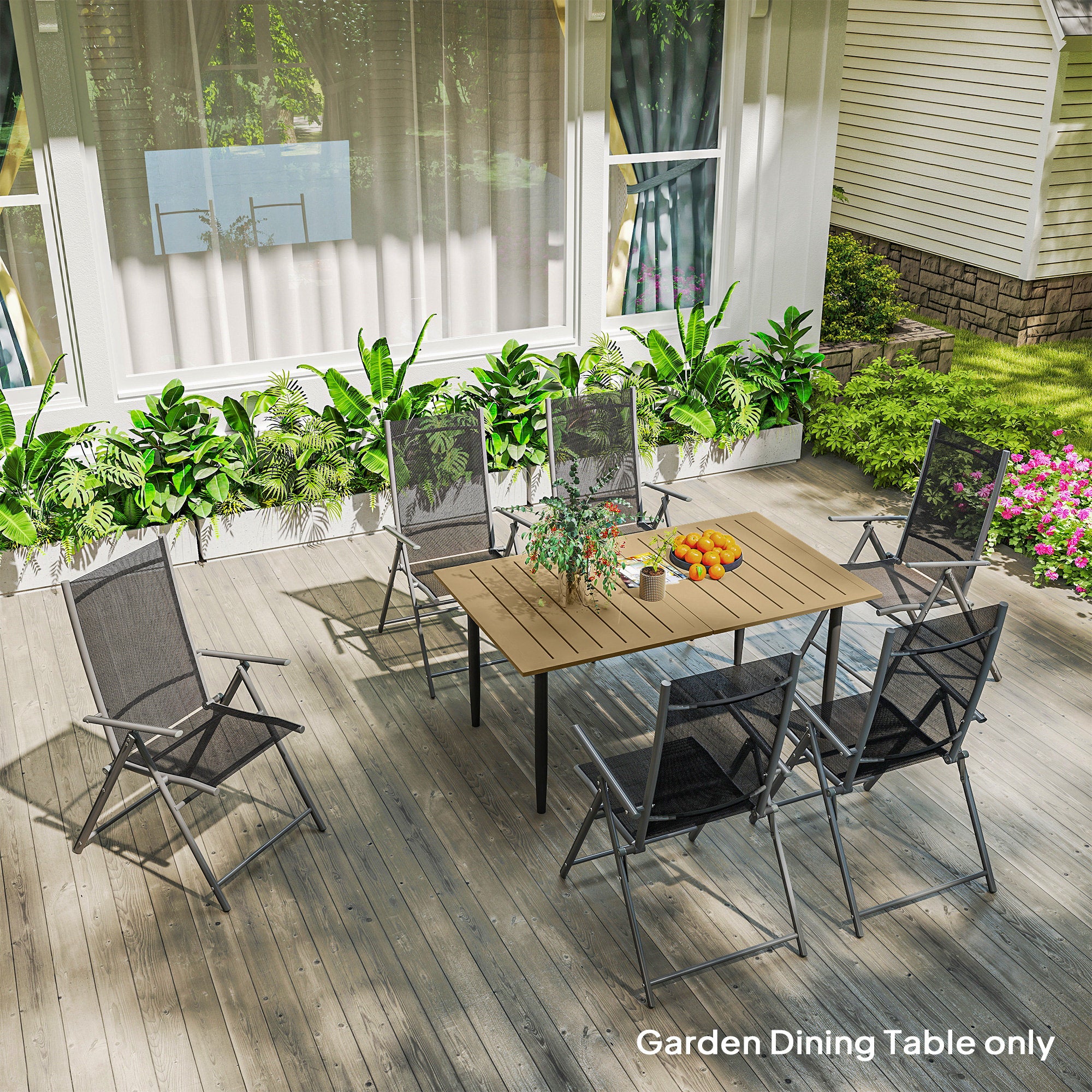 Outsunny Garden Dining Table, 150 x 90 cm Rectangle Outdoor Table with 5 cm Parasol Hole, Slatted Tabletop and Steel Frame for Patio Balcony, (Table Only) Brown