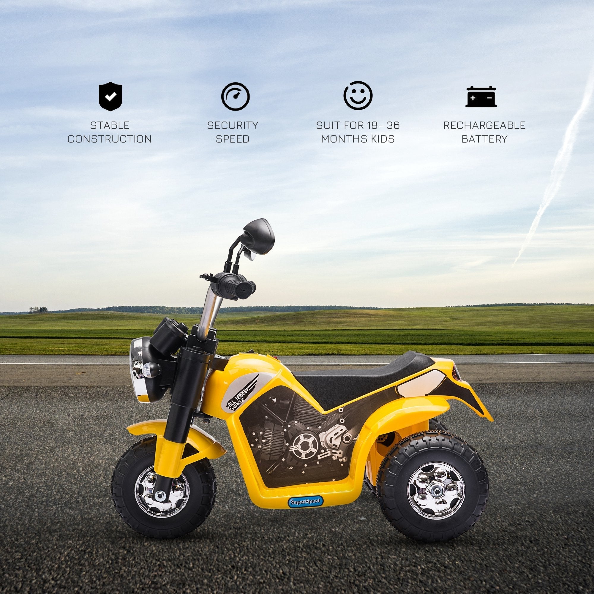 HOMCOM 6V Kids Electric Motorbike 3 Wheels Ride On Toy with Horn Headlights Realistic Sounds for Girl Boy 18 - 36 Months Yellow