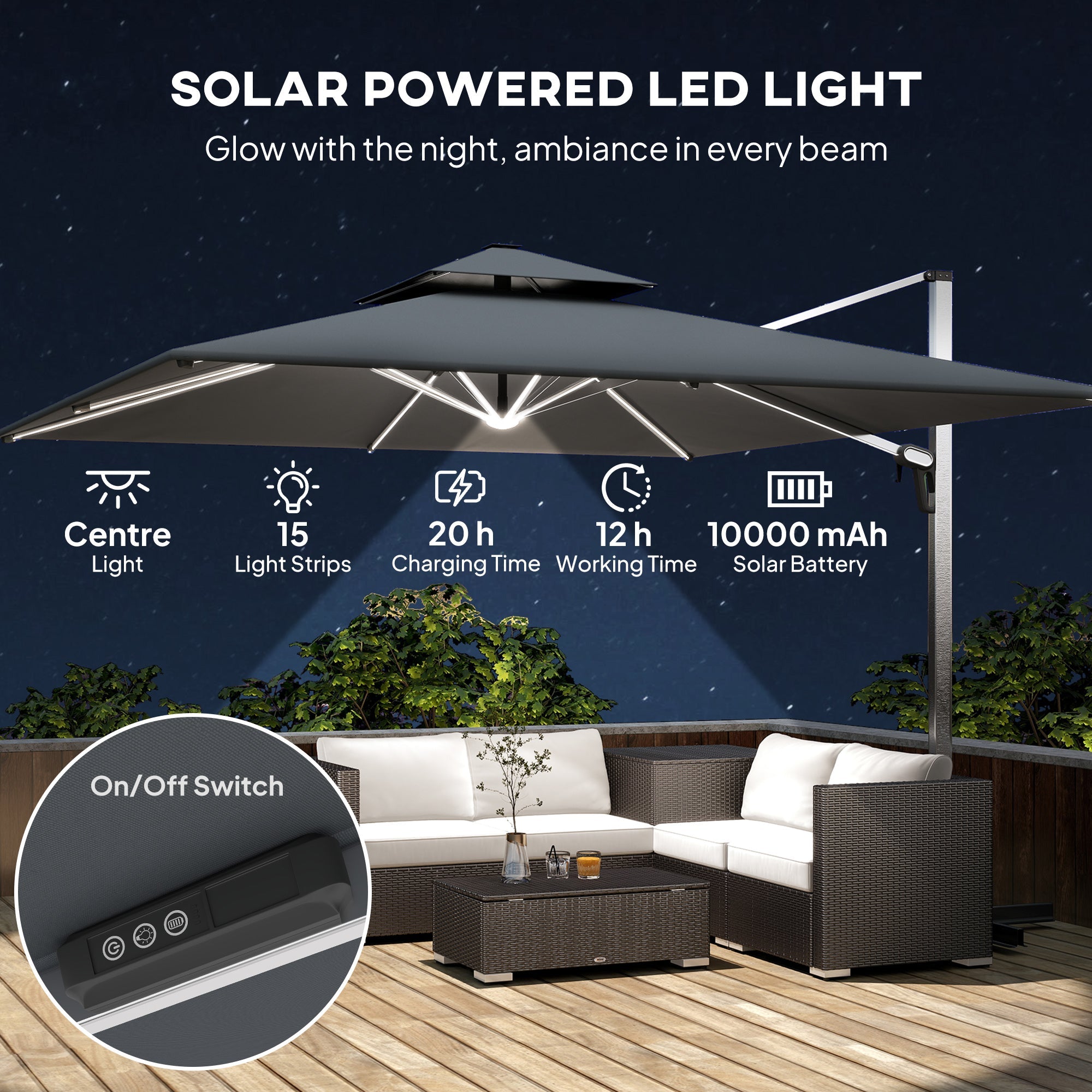 Outsunny 3(m) Garden Cantilever Parasol with Solar LED Lights, Cross Base, 360Â° Rotation, Crank Handle and Tilt, Grey