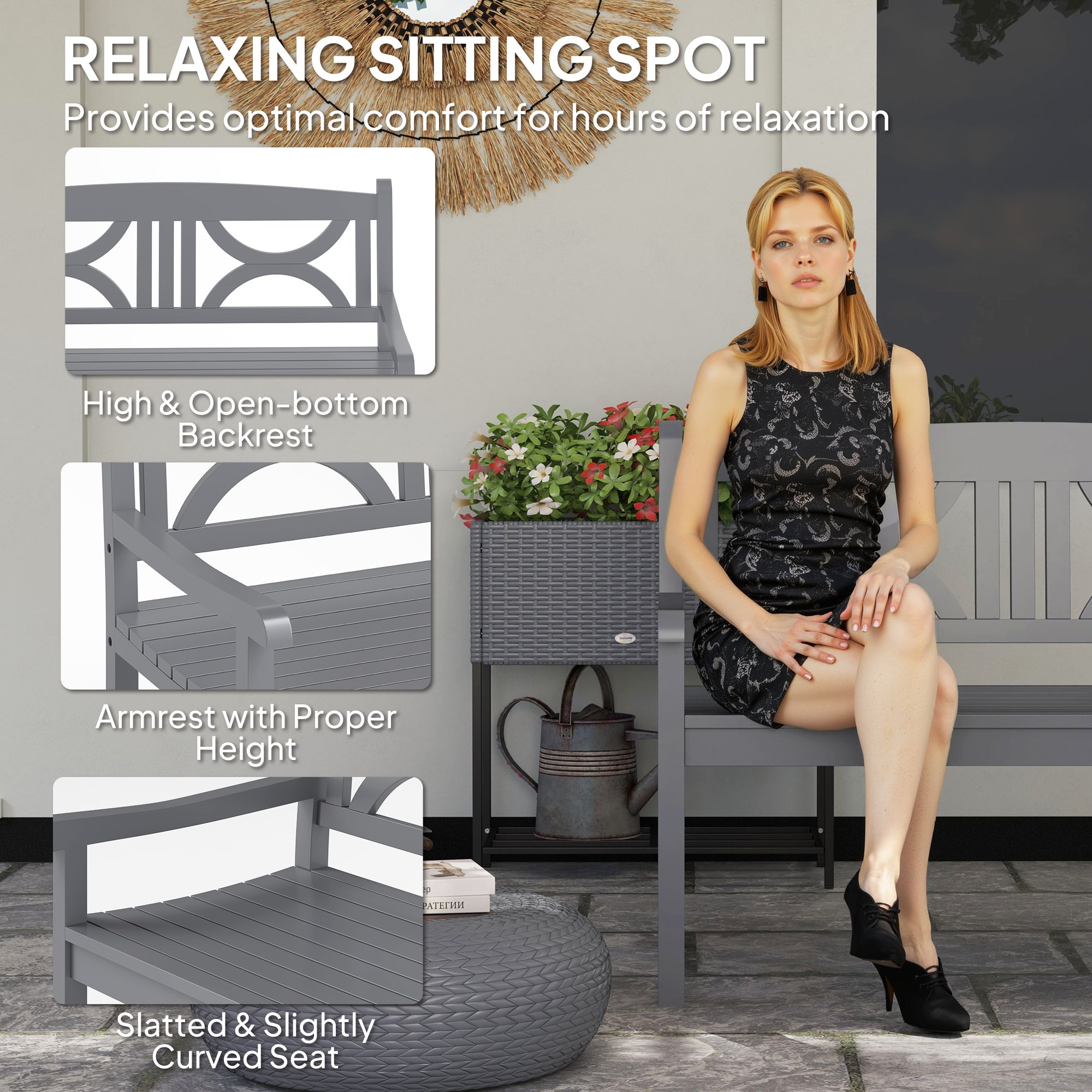 Outsunny 2-Seater Wooden Garden Bench Outdoor Patio Loveseat for Porch, Grey