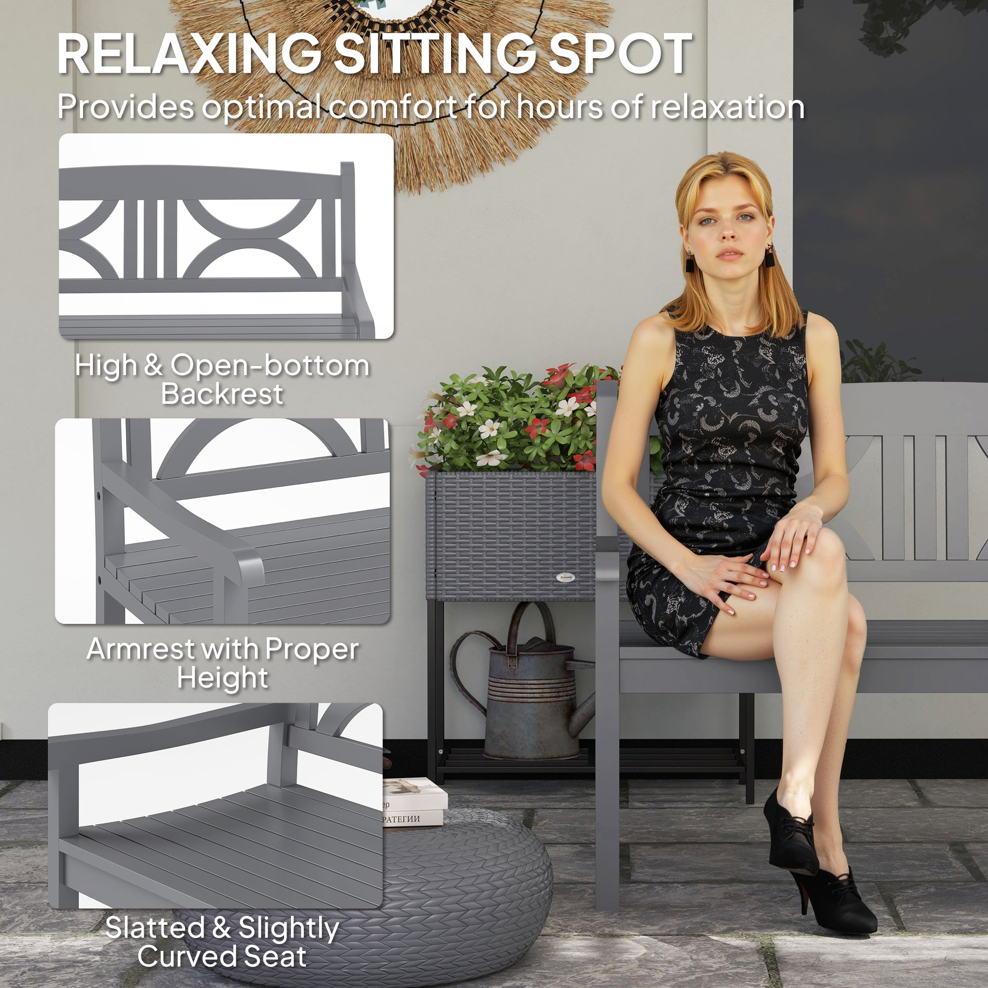 Outsunny 2-Seater Wooden Garden Bench Outdoor Patio Loveseat for Porch, Grey