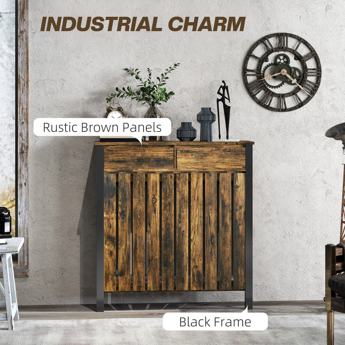 HOMCOM 93 x 88.5cm Rustic-Look Radiator Cover - Brown/Black