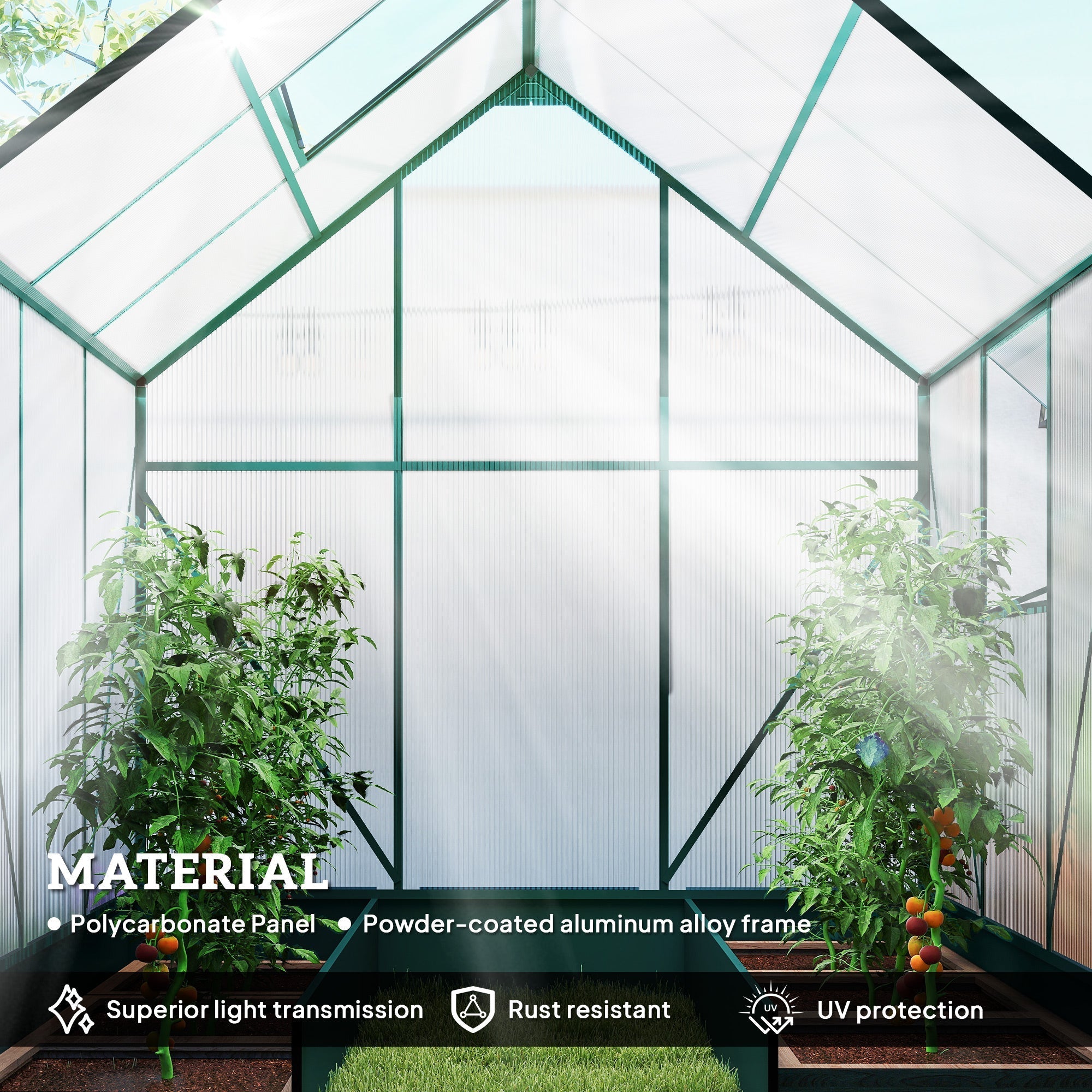 Outsunny 6x6 FT Polycarbonate Greenhouse with Base and Raised Bed, Walk-in Greenhouse with Aluminium Frame, Temperature Controlled Window, Foundation for Plants, Flowers, Vegetable