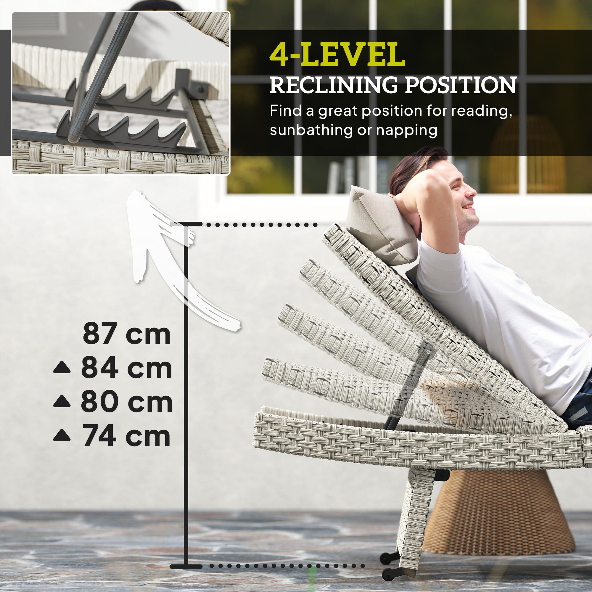 Outsunny Outdoor PE Rattan Sun Lounger, Folding Wicker Garden Lounger Recliner with 4-Level Adjustable Backrest, Rolling Sunbed Lounge Chair with Wheels, Non-Slip Legs for Balcony, Beach, Grey