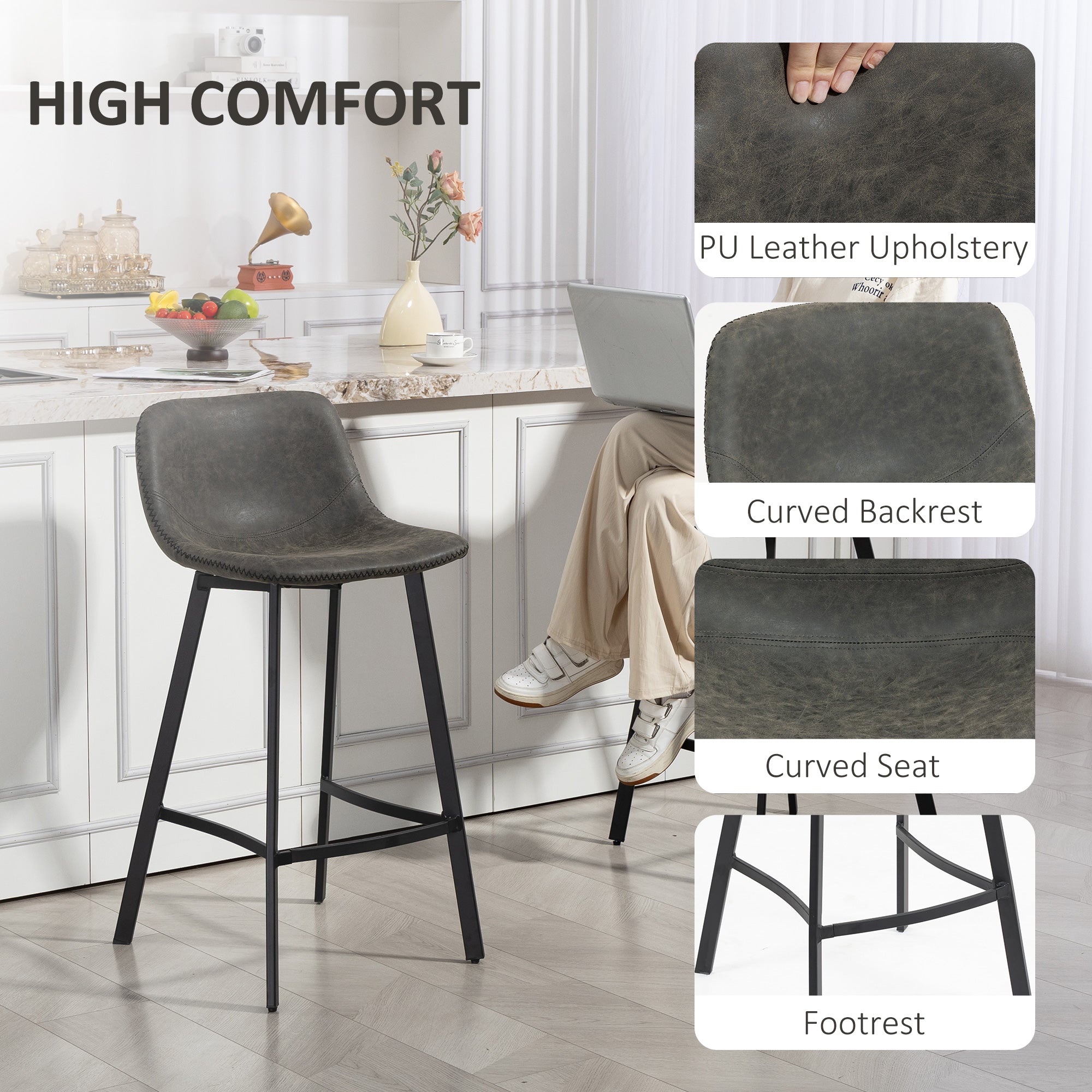 HOMCOM Bar Stools Set of 2, PU Leather Dining Stools with Backrest, Footrest, for Kitchen, Counter, Breakfast Bar, Grey