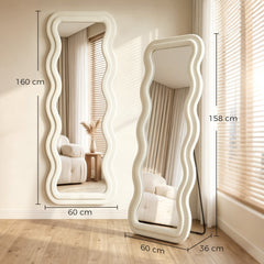 HOMCOM Full Length Mirror, 160 x 60 cm Wavy Full Body Wall Standing Mirror with Velvet Frame and Tempered Glass, Cream White