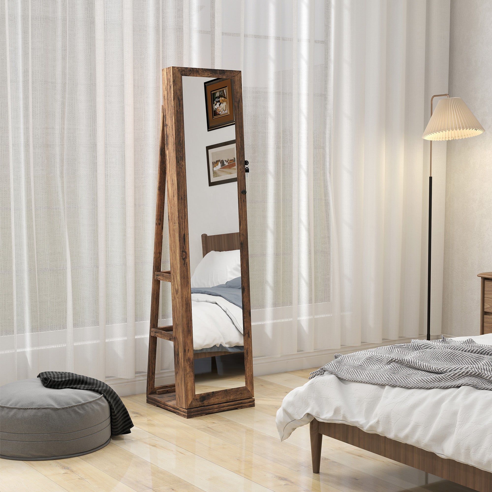 HOMCOM 360√Ç¬∞ Swivel Jewellery Cabinet, Free Standing Full Length Mirror with Storage, Lockable Jewellery Organiser with Built-in Makeup Mirror and Storage Shelves for Bedroom, Rustic Brown