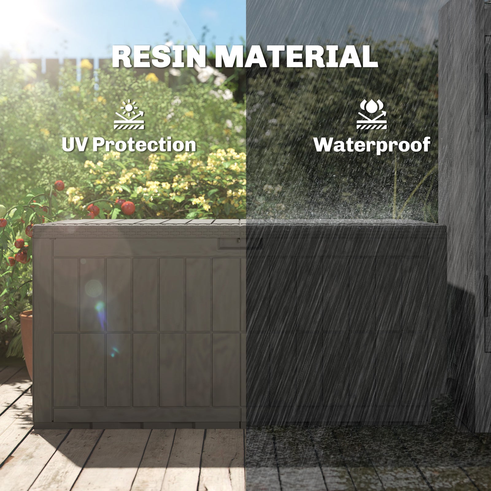 Outsunny 440L Garden Storage Box, Waterproof & UV Resistant Resin Deck Box with Lockable Lid, Pneumatic Gas Rods, Side Handles