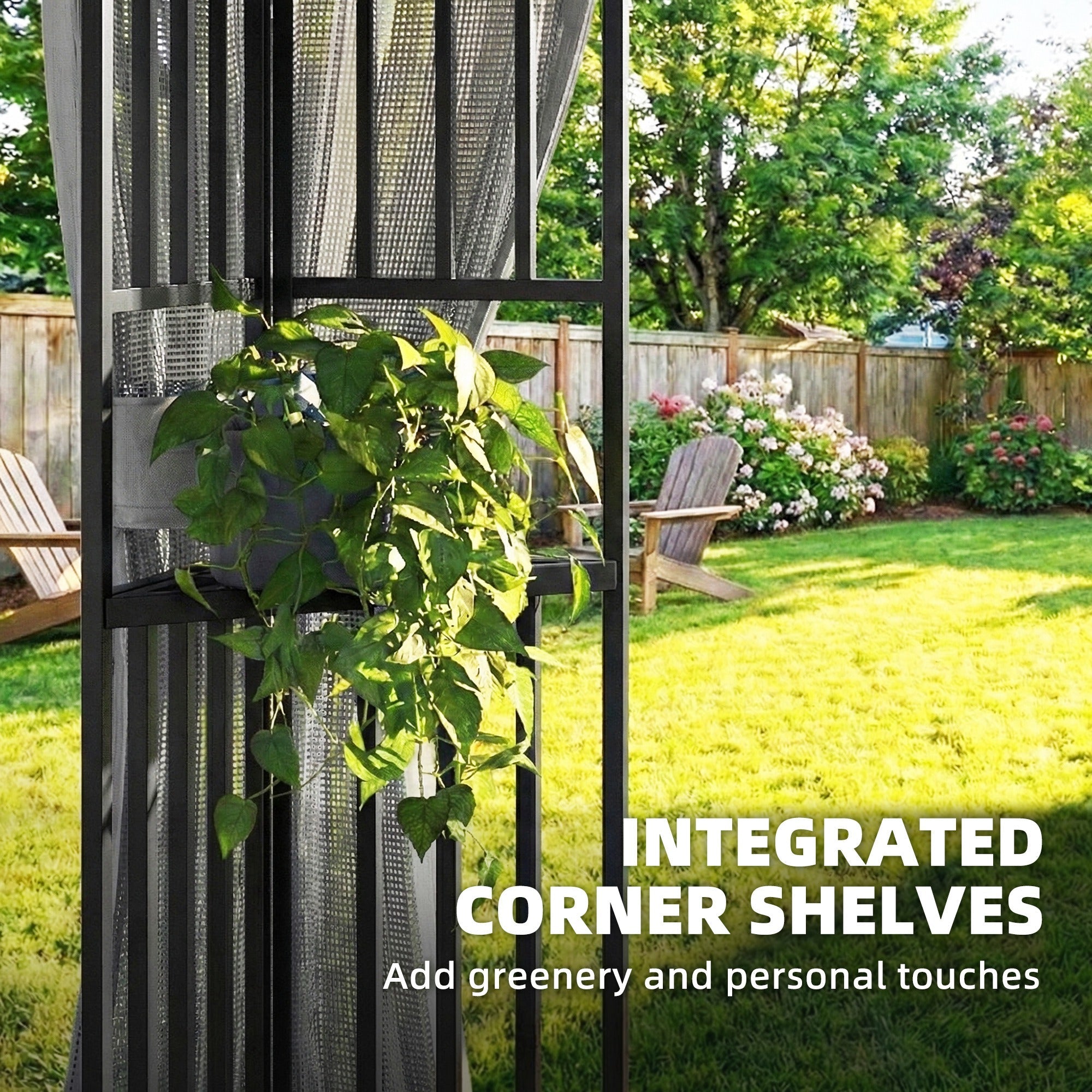 Outsunny 3.3 x 3.3 m Outdoor Garden Gazebo with Post Shelves, UPF50+ Patio Permanent Pavilion with Hook, Dark Grey