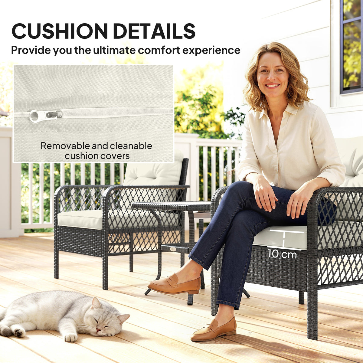 Outsunny 3 Pieces Rattan Bistro Set with Glass Top Coffee Table, Chairs and Cushions for Outdoor, Patio, Balcony, Cream
