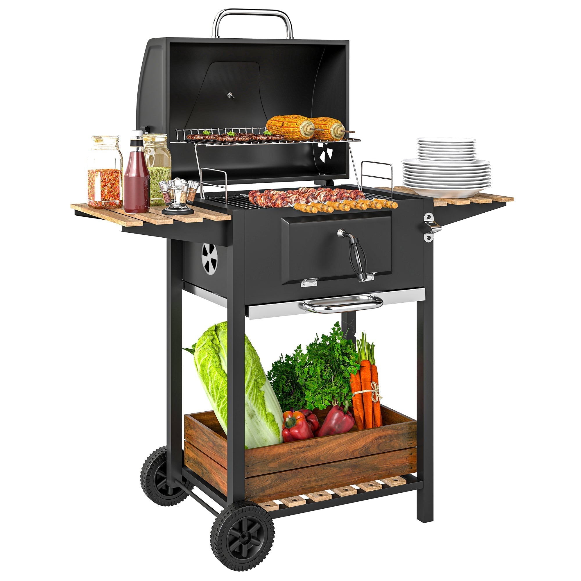 Outsunny Charcoal BBQ Grill with Height Adjustable Charcoal Pan, Barbecue Smoker with Warming Rack, 3 Shelves, Temperature Gauge, Wheels, Bottle Opener for Outdoor Cooking Garden Party