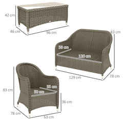 Outsunny Four-Piece Rattan Sofa Set, with Glass-Top Table - Light Grey