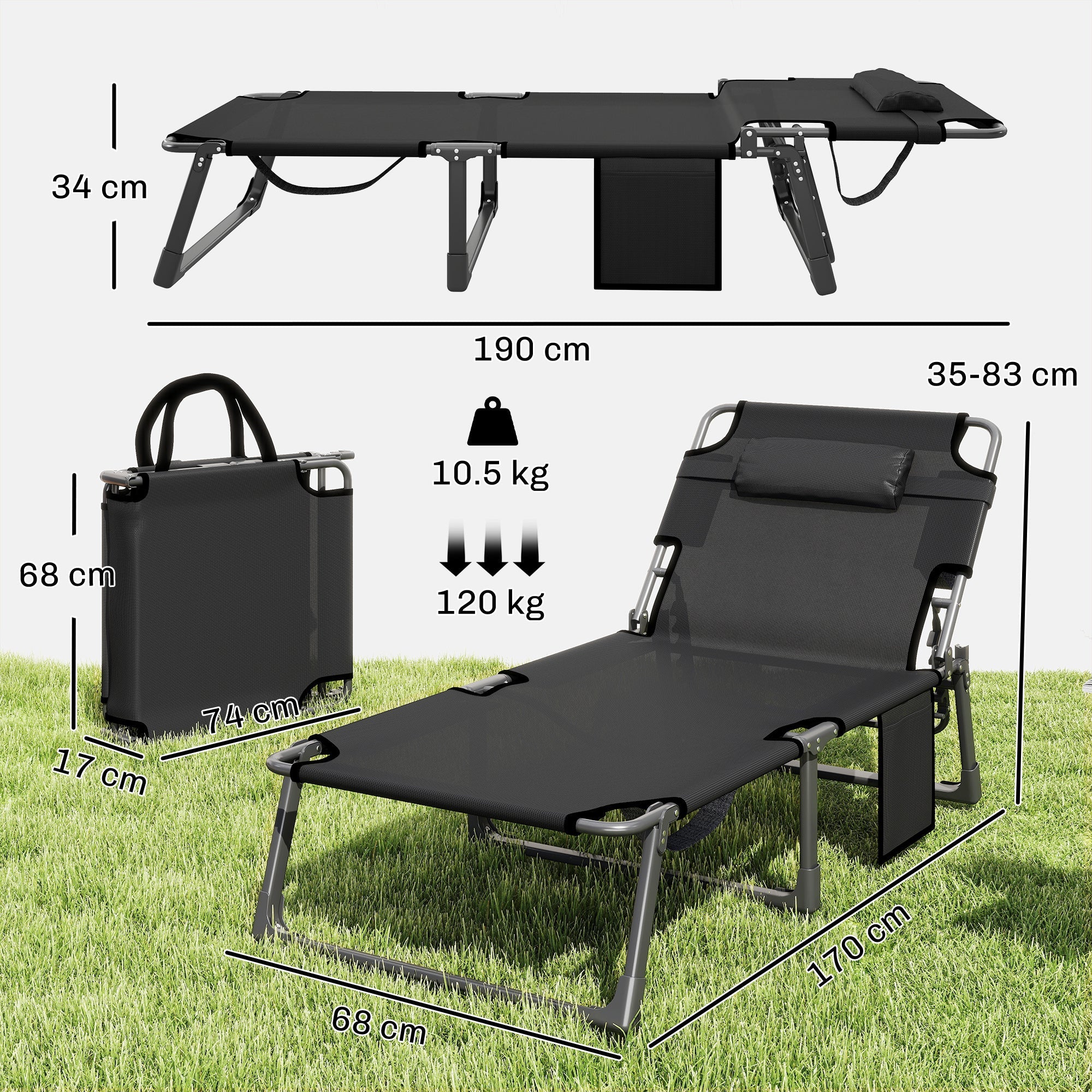 Outsunny Folding Sun Loungers for Garden Set of 2, 5-Position Oversized Camping Bed Recliner with Cushions, Dark Grey