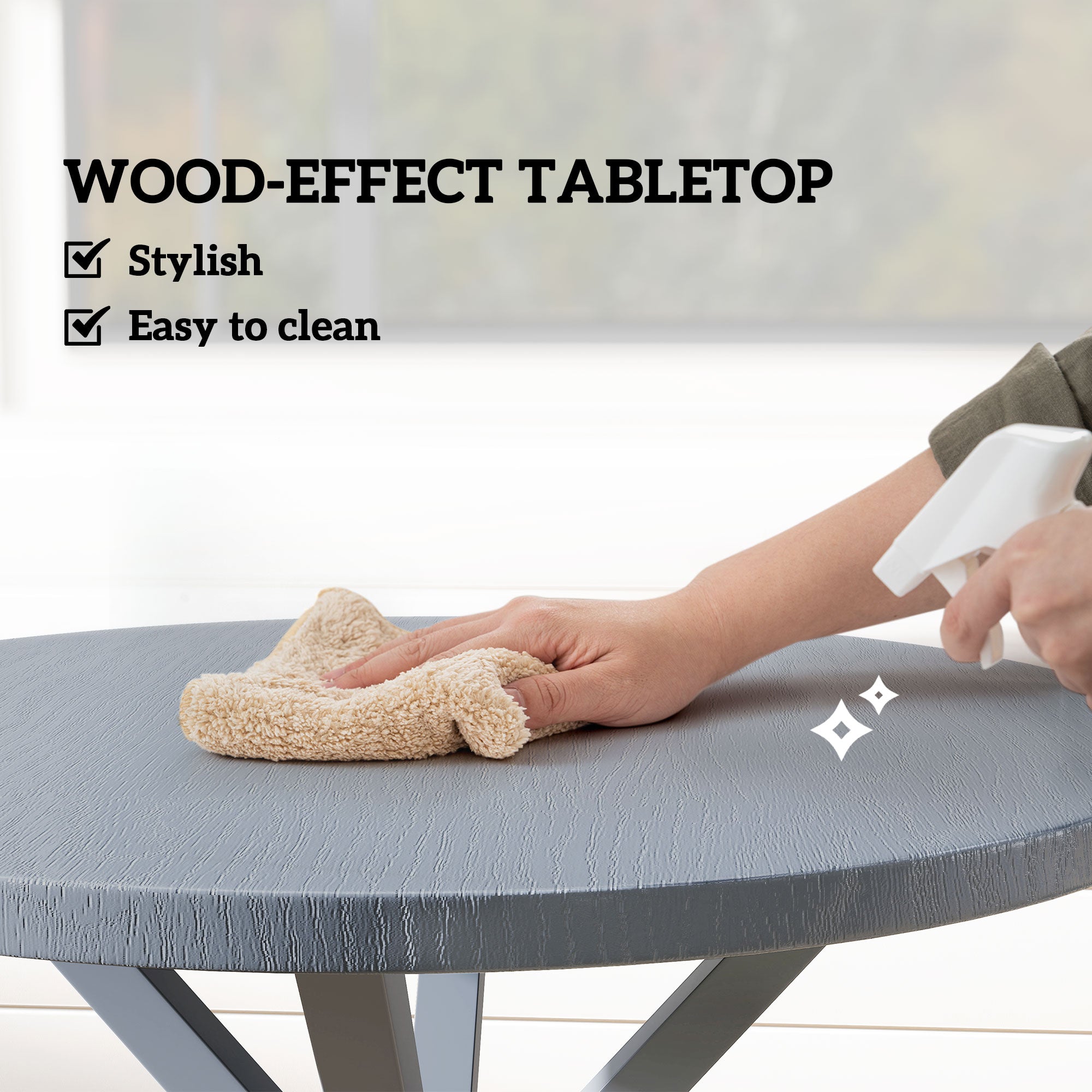 Outsunny Garden Table, 85cm Round Outdoor Dining Table with Steel Frame, Wood Effect Top, for Balcony, Deck, Dark Grey