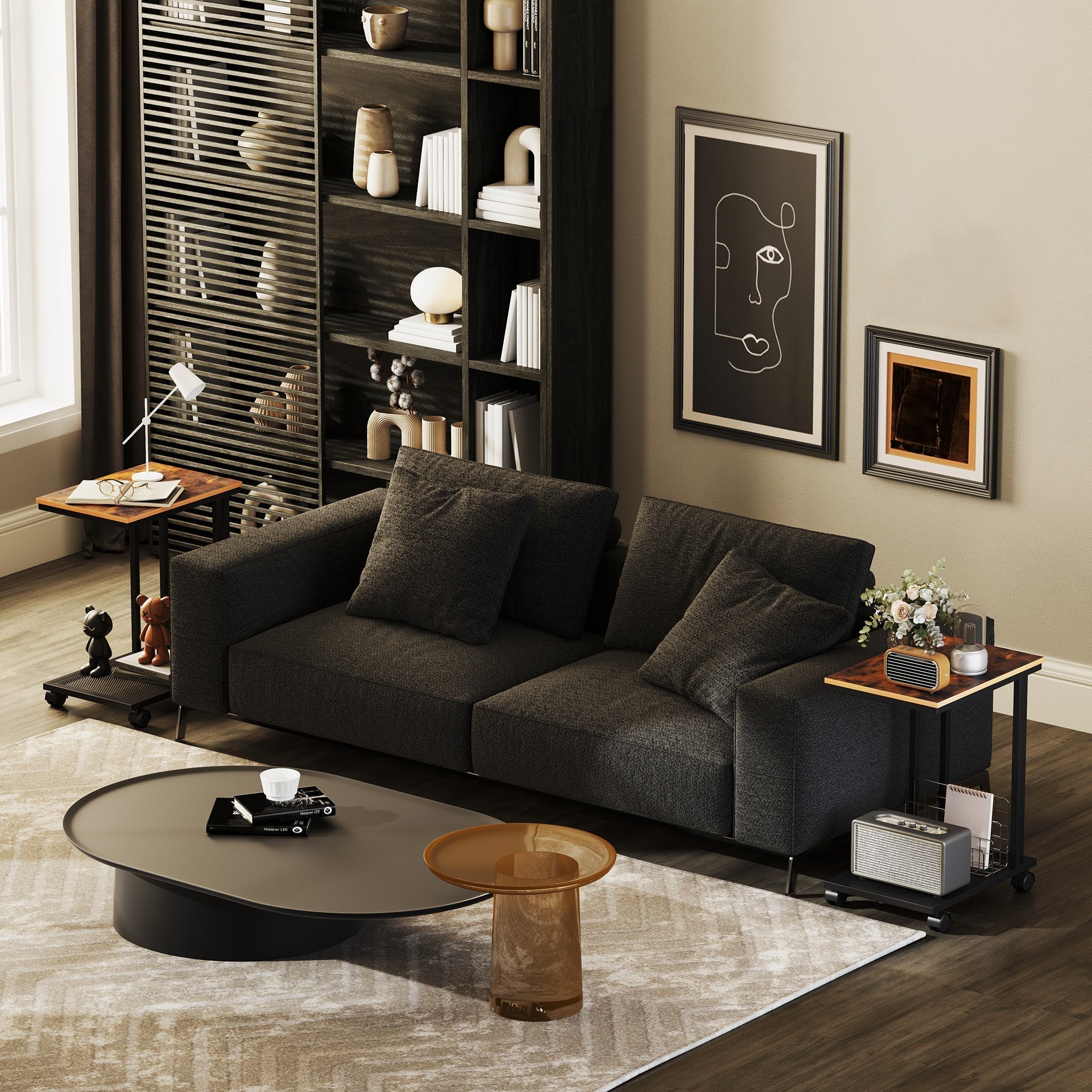 HOMCOM C Shaped Side Table Set of 2 with Wheels, Mobile End Table, Laptop Stand with Metal Frame and Storage Shelf, Rustic Brown