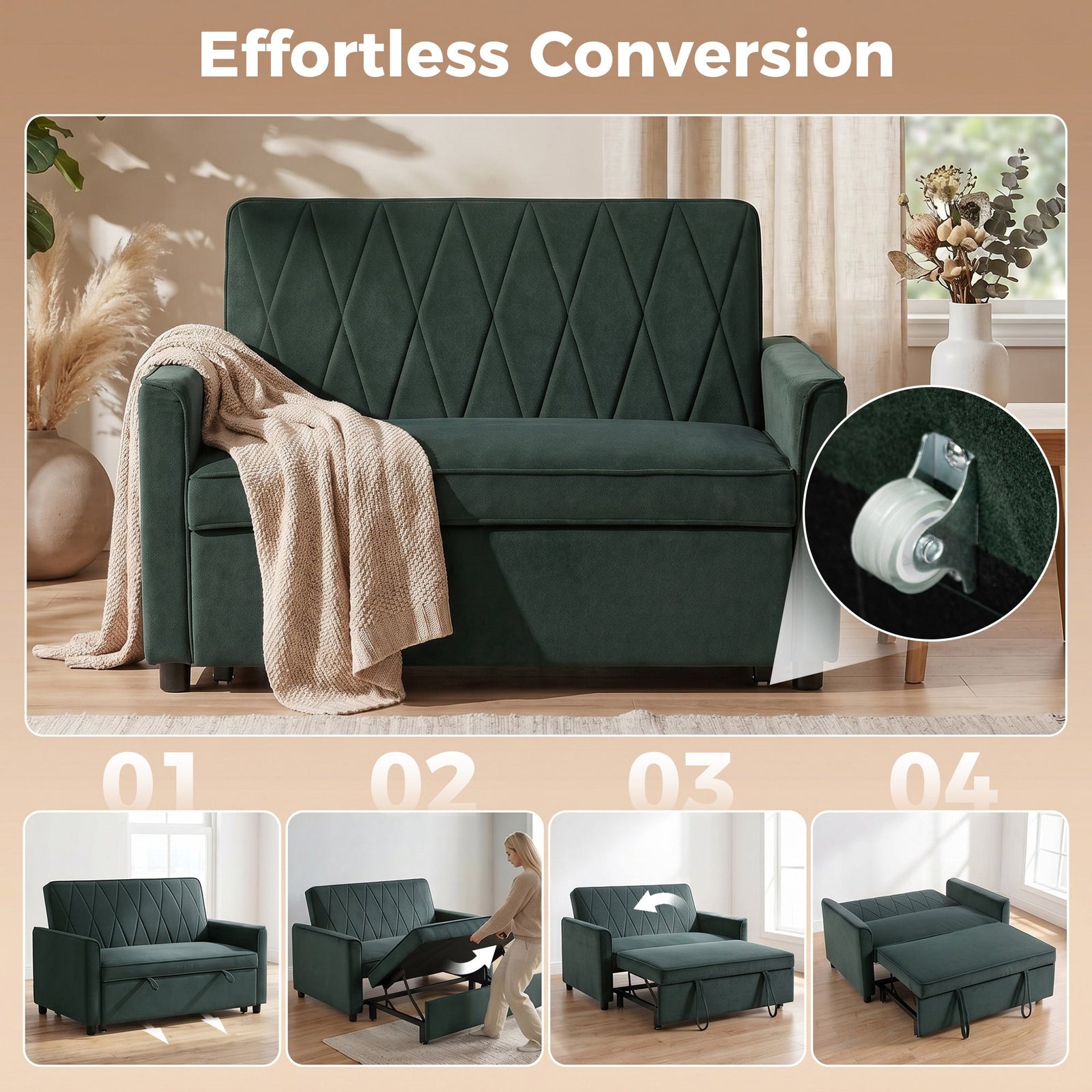HOMCOM 2 Seater Sofa Bed, 3-in-1 Convertible Pull Out Sleeper Sofa with Clik-Clack Adjustable Backrest, Dark Green