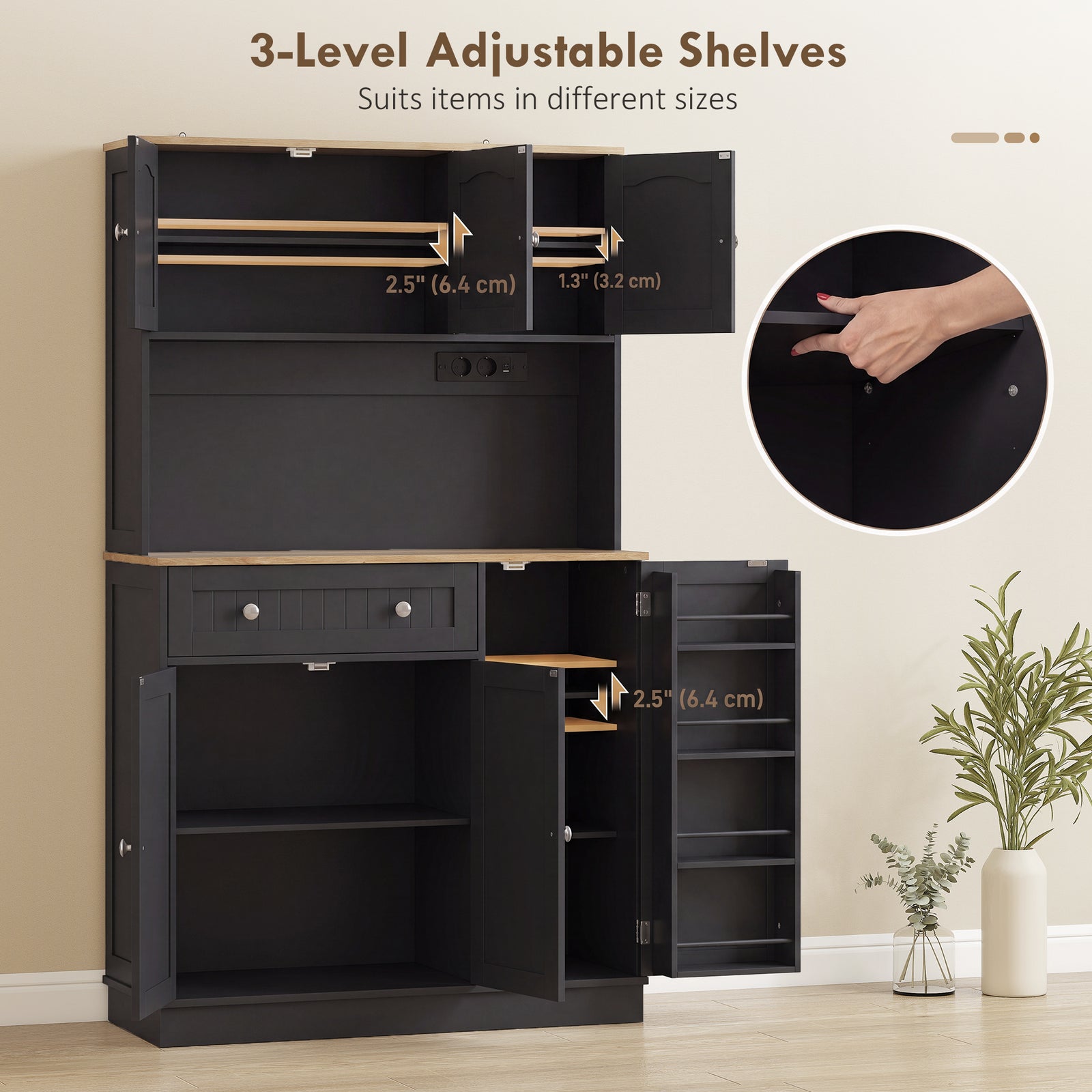 HOMCOM 173 cm Tall Kitchen Cupboard with Charging Station, Pantry Storage Cabinet with Adjustable Shelves and 4 Door Racks