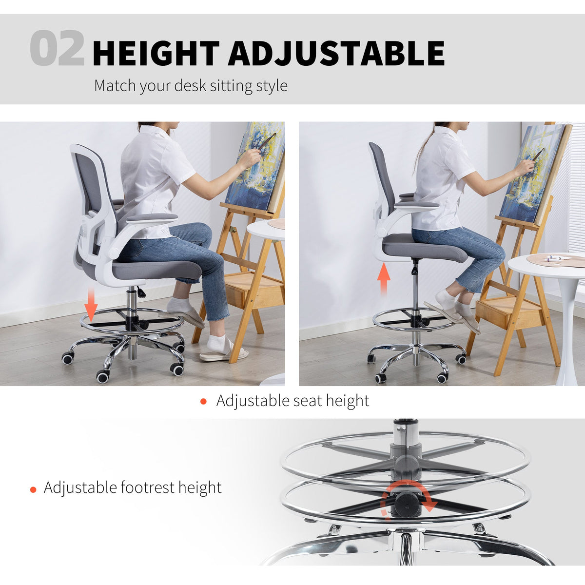 HOMCOM Draughtsman Chair, with Adjustable Lumbar - Charcoal Grey