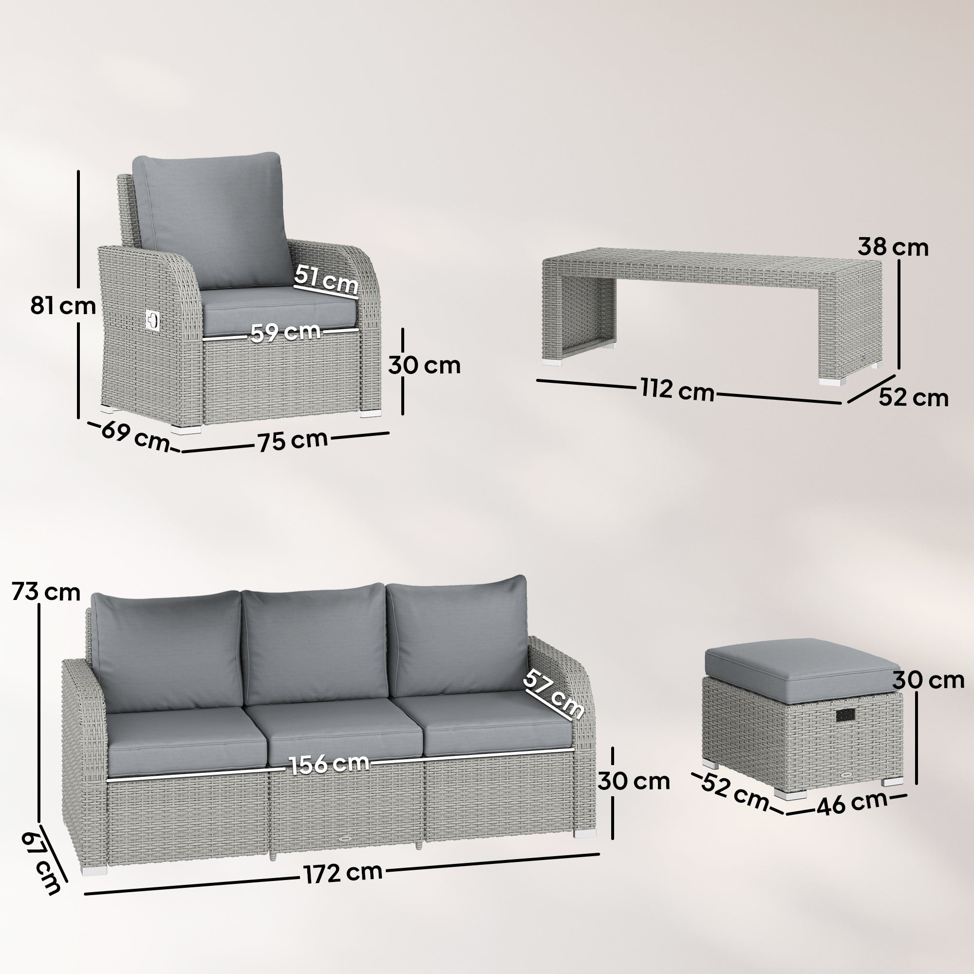 Outsunny Six-piece Rattan Garden Furniture Set with Reclining Armchairs - Dark Grey