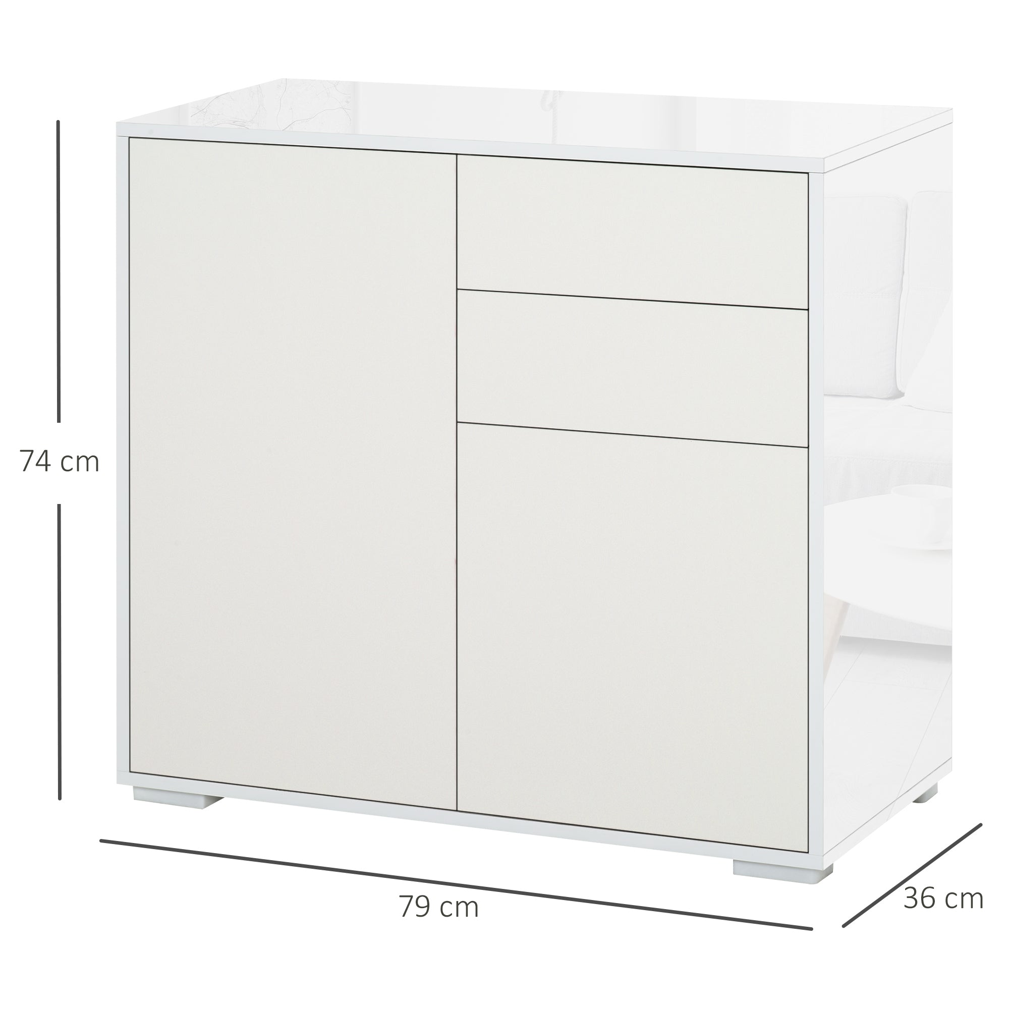 HOMCOM High Gloss Frame Sideboard, Push-Open Design with 2 Drawer for Living Room, Bedroom, 74H x 79W x 36Dcm, White