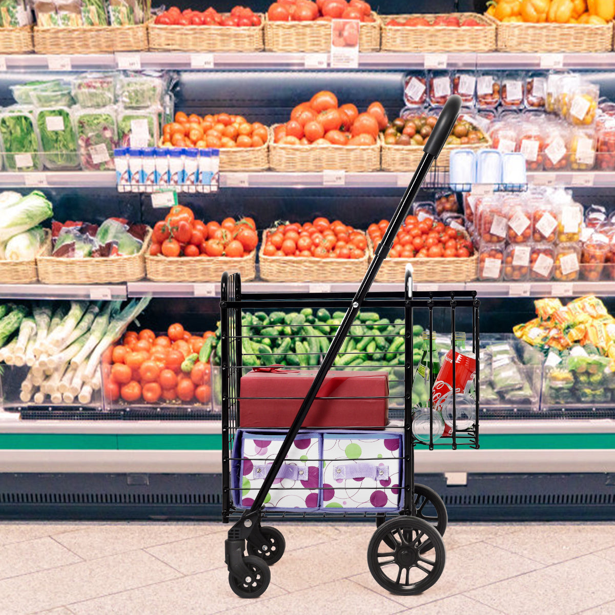 Folding Height Adjustable Shopping Trolley with Handle and Wheels-Black