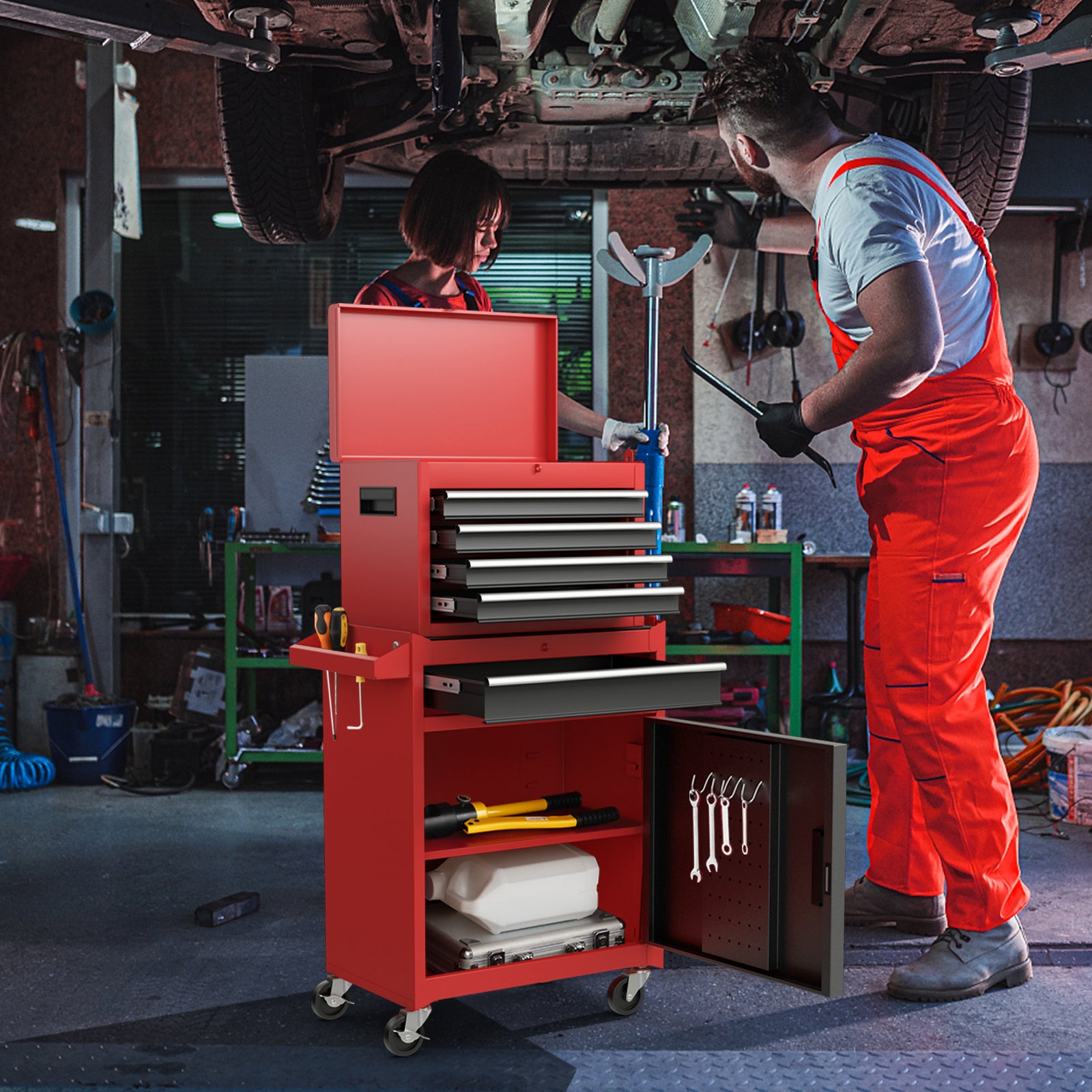 High Capacity Tool Storage Cabinet with Lockable Wheels-Black &amp; Red
