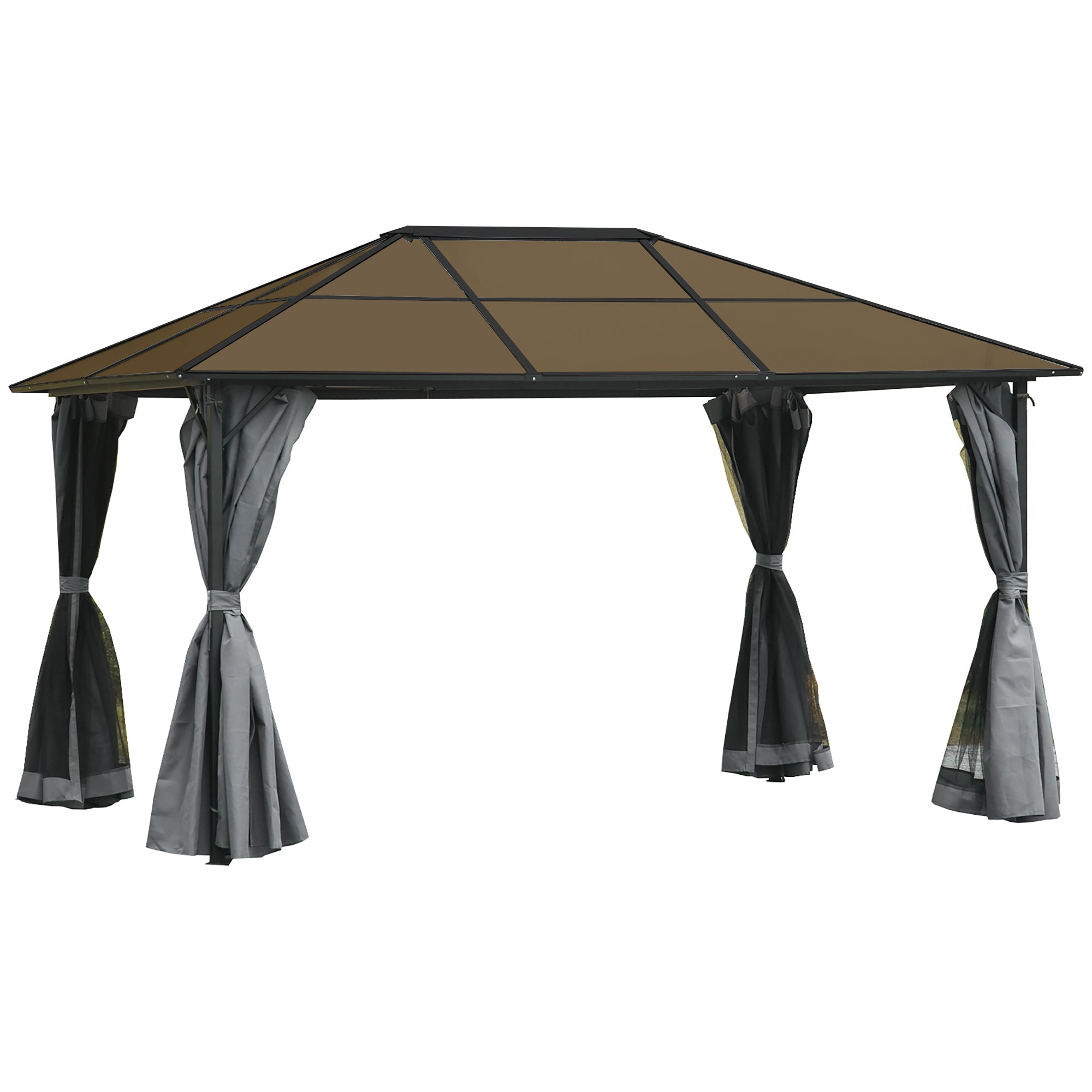 Outsunny 3 x 4m Hardtop Gazebo Canopy with Polycarbonate Roof, Aluminium Frame, Permanent Pavilion Garden Gazebo with Netting and Curtains - Grey