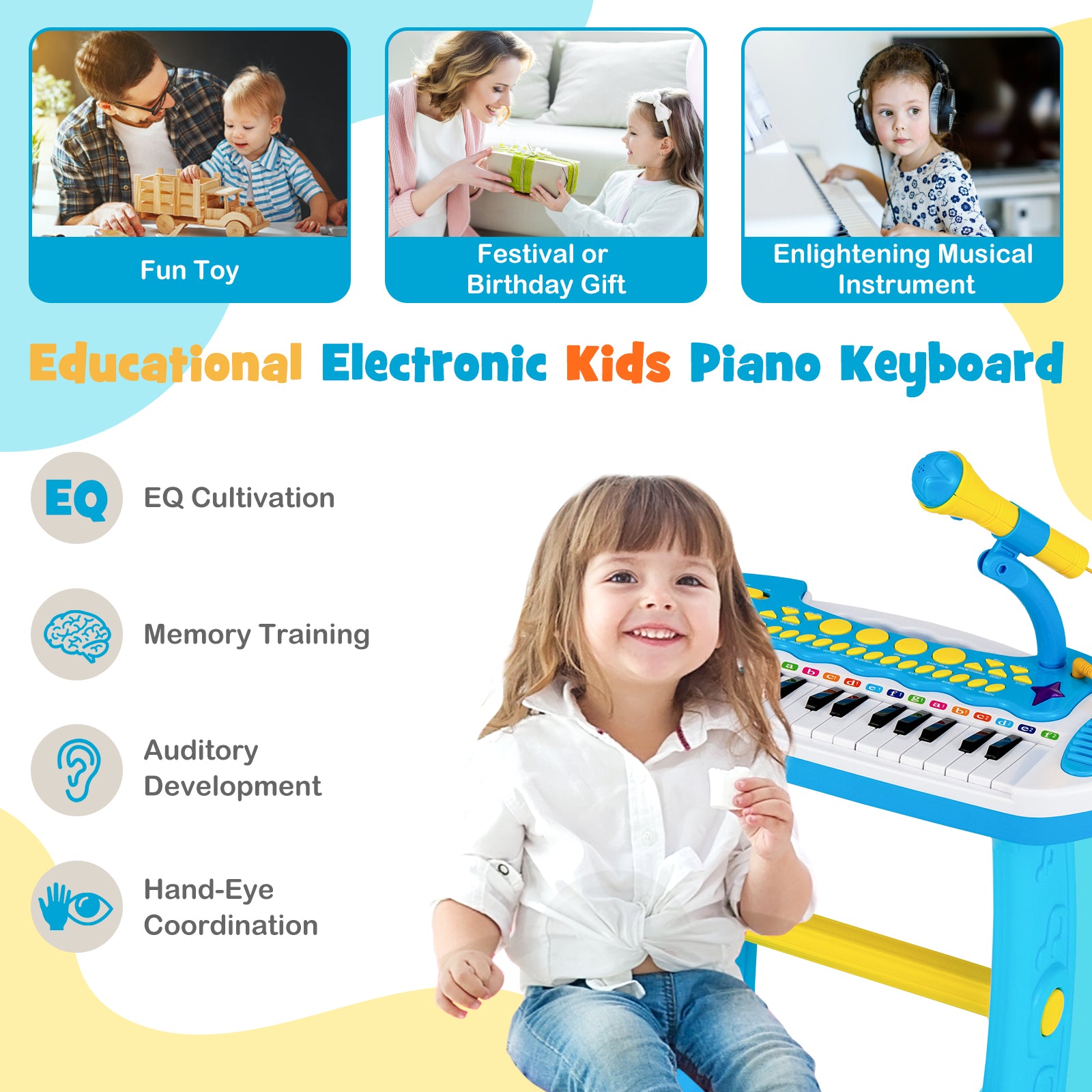 31-Key Kids Electronic Keyboard with Stool and Flashing Lights-Blue