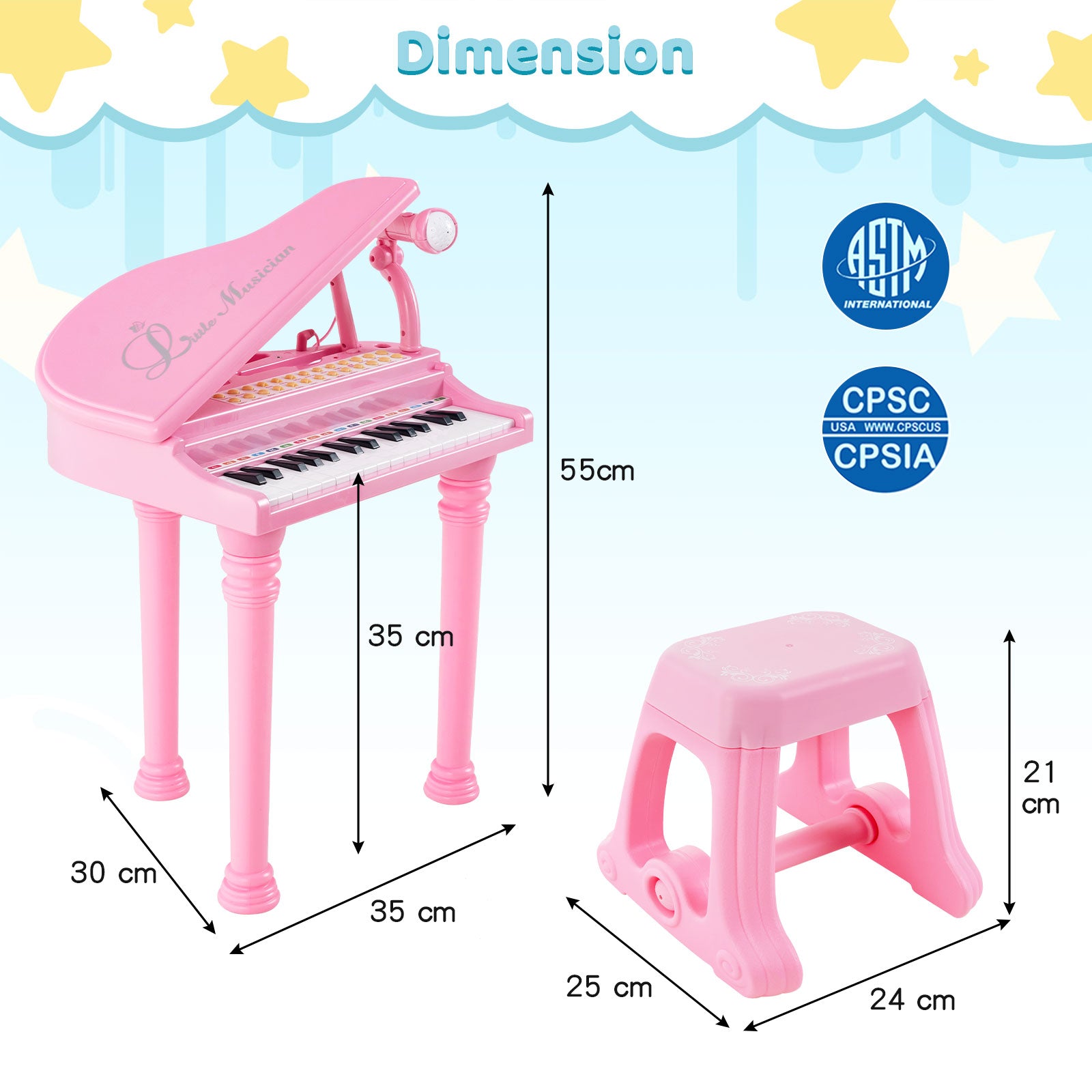 31 Keys Kids Portable Multifunctional Toy Piano with Microphone-Pink