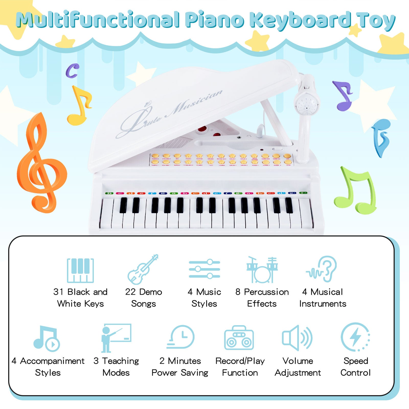 31 Keys Kids Portable Multifunctional Toy Piano with Microphone-White