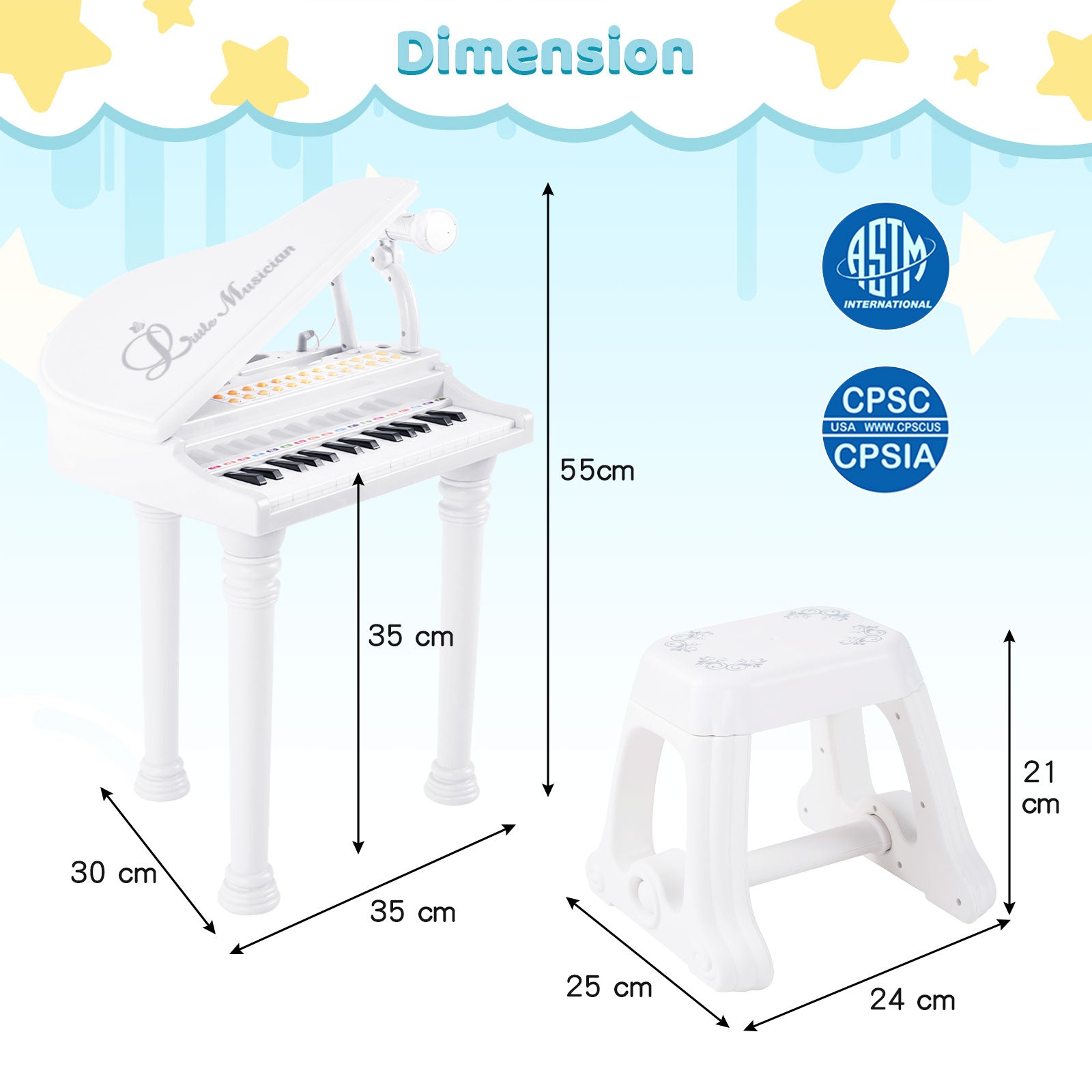 31 Keys Kids Portable Multifunctional Toy Piano with Microphone-White
