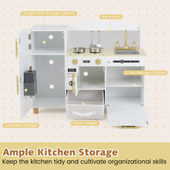 Wooden Kids Play Kitchen with Ice Maker and Fabric Drawer-White