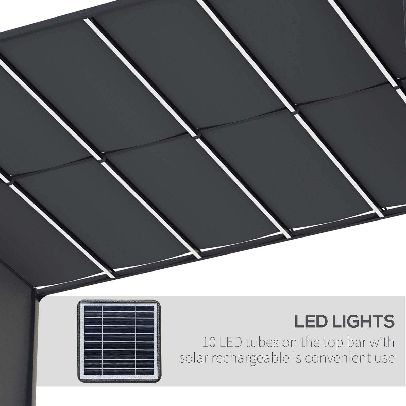 Outsunny 3(m) x 4m Metal Pergola with LED Lights, Outdoor Garden Pergola with Sliding Roof, Solar Powered, for BBQ, Lawn, Dark Grey